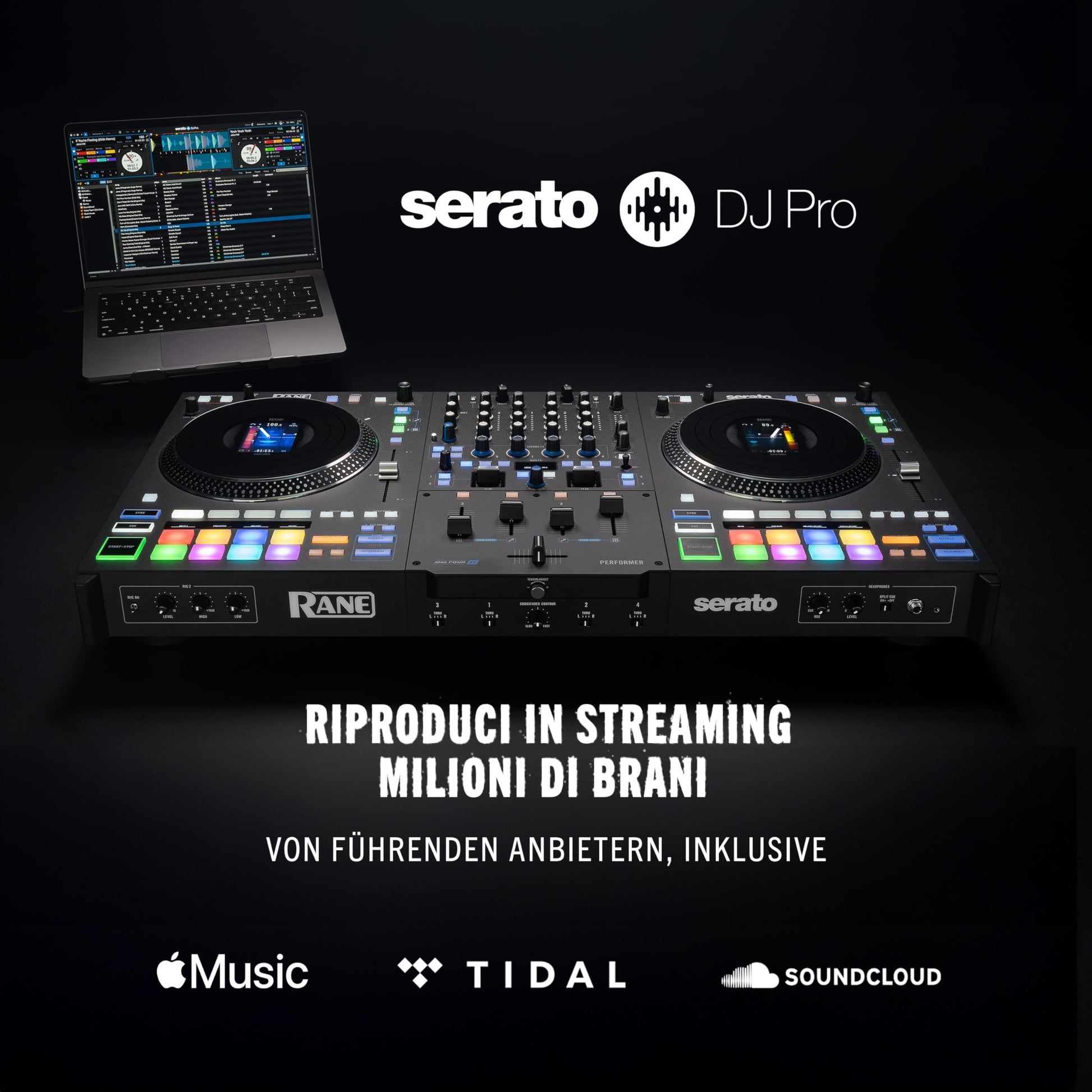 Controlador DJ Rane Performer Negro Motorizado 4 Canales con Platos 7" Displays Faders Precision Feel Stems FX Avanzado Serato DJ Pro
