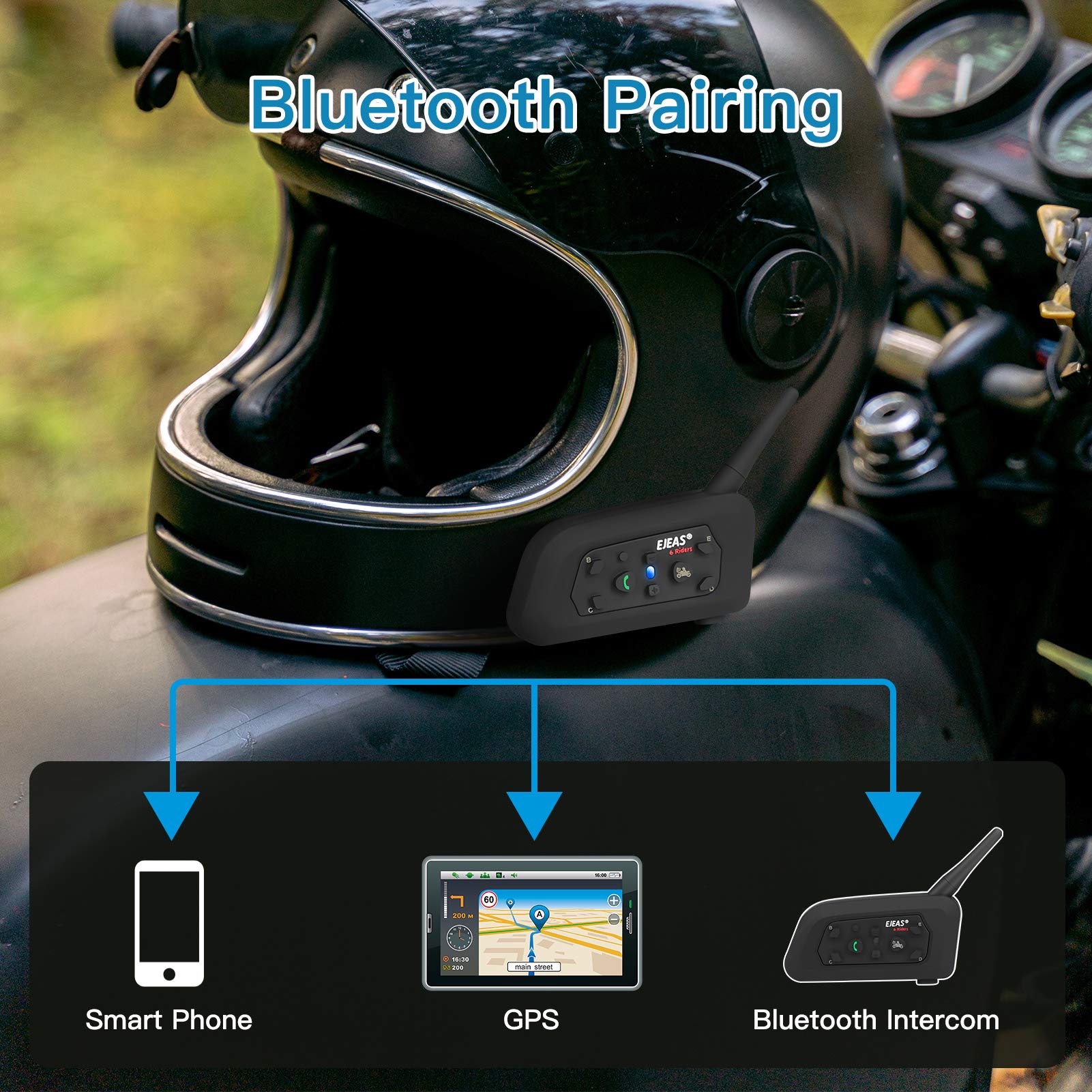 EJEAS V6 Pro Intercomunicador para Casco de Moto, 2 Riders 1200M Sistema de Comunicación Universal con Cancelación de Ruido y Resistente al Agua para Dirt Bike/ATV/Moto de Nieve (1PC)