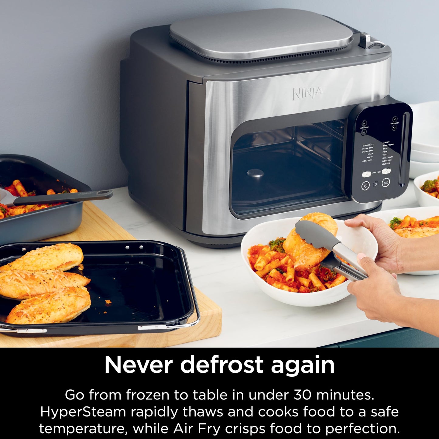 Ninja Combi Multicocina, horno y freidora de aire, comidas completas en 15 minutos, funciones 14 en 1, cocina combinada + freír al aire, hornear, asar, cocción lenta y más, 3 accesorios, acero