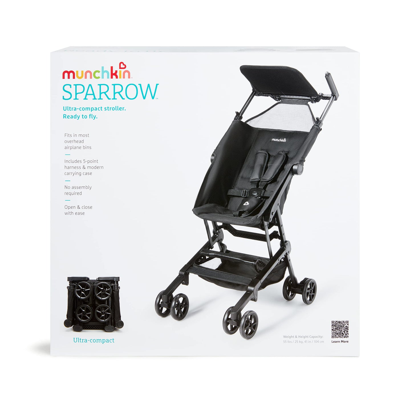 Carriola Munchkin Sparrow Negro Ultra Compacto Ligero para Bebés y Niños Pequeños