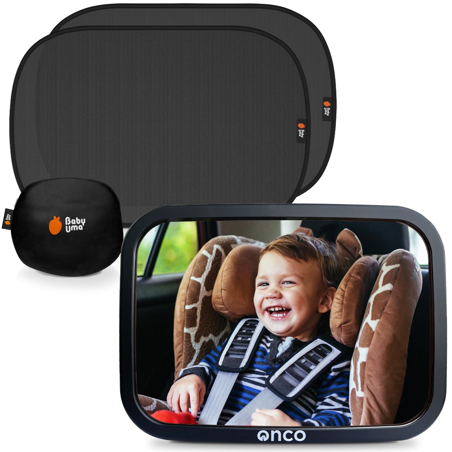 Onco Baby - Juego de cortinas para espejo de coche y ventana de coche (18.9 x 12 pulgadas), visualización UPF 50+, espejo de coche 100% a prueba de roturas para bebé, pantallas universales y espejo