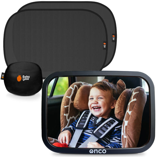 Onco Baby - Juego de cortinas para espejo de coche y ventana de coche (18.9 x 12 pulgadas), visualización UPF 50+, espejo de coche 100% a prueba de roturas para bebé, pantallas universales y espejo