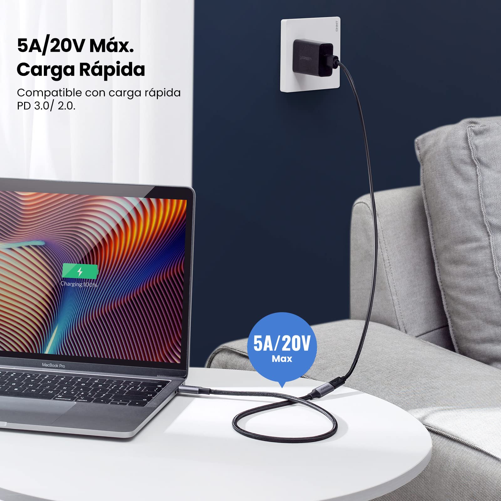 Cable de Extensión USB C UGREEN 1M Negro 3.1 Gen 2 10Gbps para Video 4K 60Hz y Carga Rápida 100W