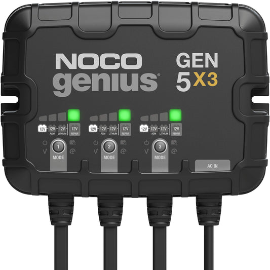 NOCO Genius GEN5X3: Cargador de batería integrado de 3 bancos, 15 A, 5 A por banco, cargador marino impermeable de 12 V con protección contra sobrecarga y compensación de temperatura, para baterías de