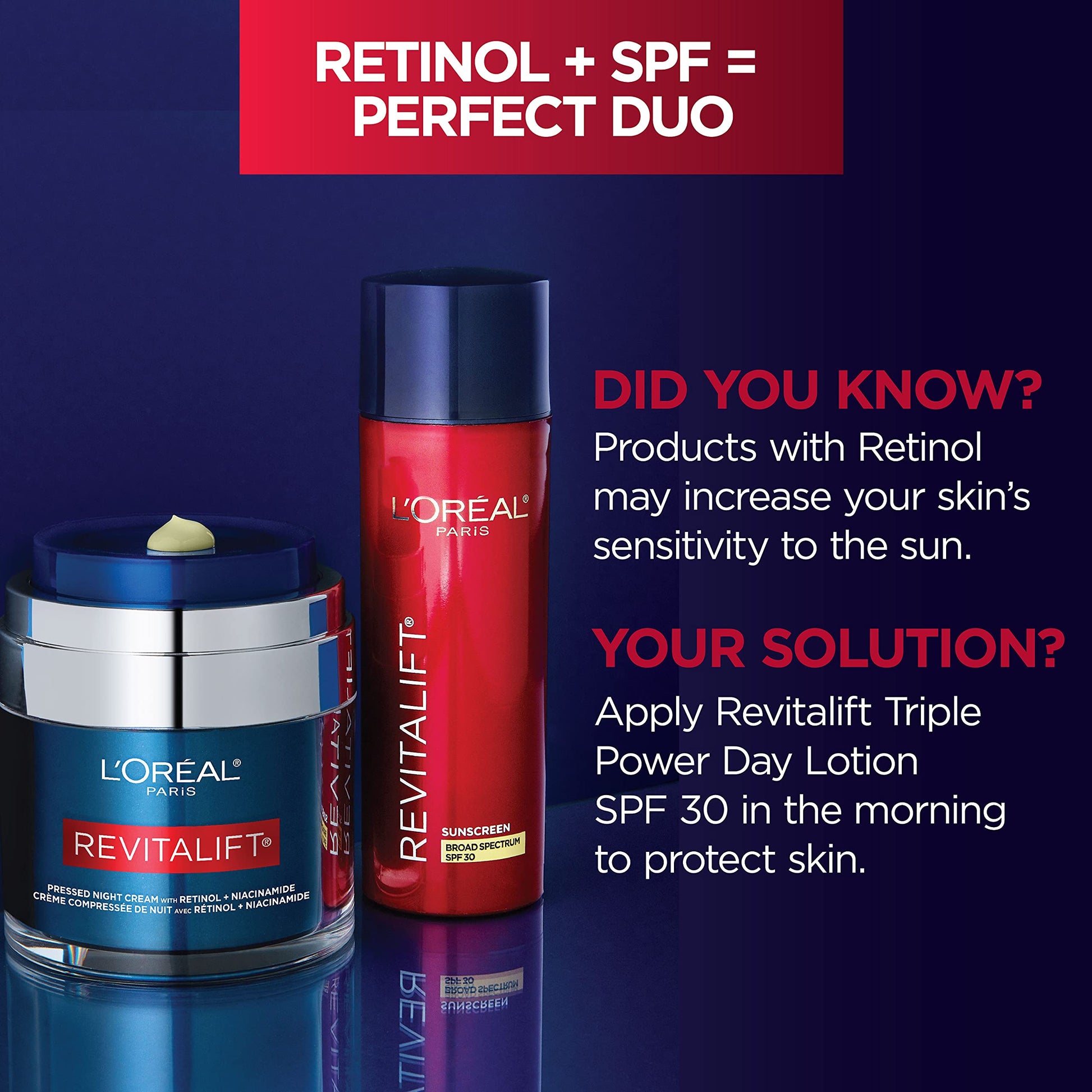 L'Oreal Paris Revitalift Pressed Night Cream with Retinol, Niacinamide, Visibly Reduce Wrinkles, Hydrate for Face, Under Eye, Neck, Chest, Dermatologist tested + Hyaluronic Acid Serum Sample, 1 kit, 2