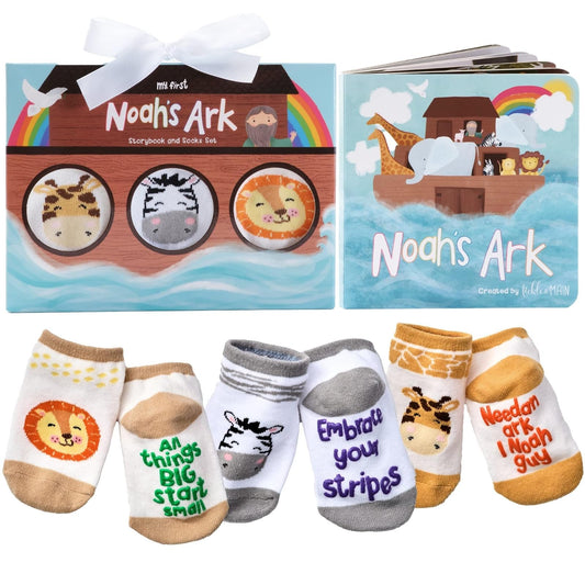 Tickle & Main Noah's Ark Bautismo Regalos para niños Juego de libros y calcetines - 0-12 meses, 4 piezas - Esencial para bautismo y libro de cuentos Combo