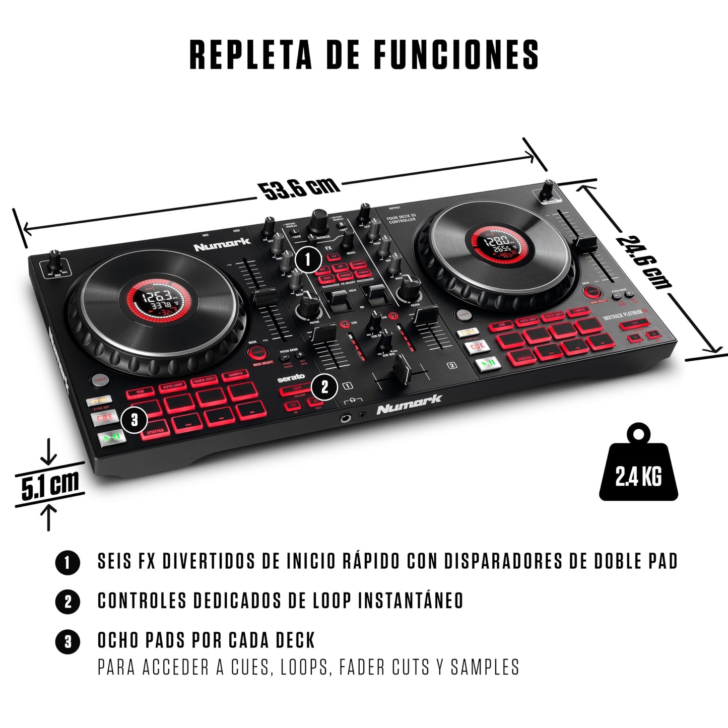 Controlador DJ Numark Mixtrack Platinum FX Plata con Interfaz de Audio y Efectos para Serato