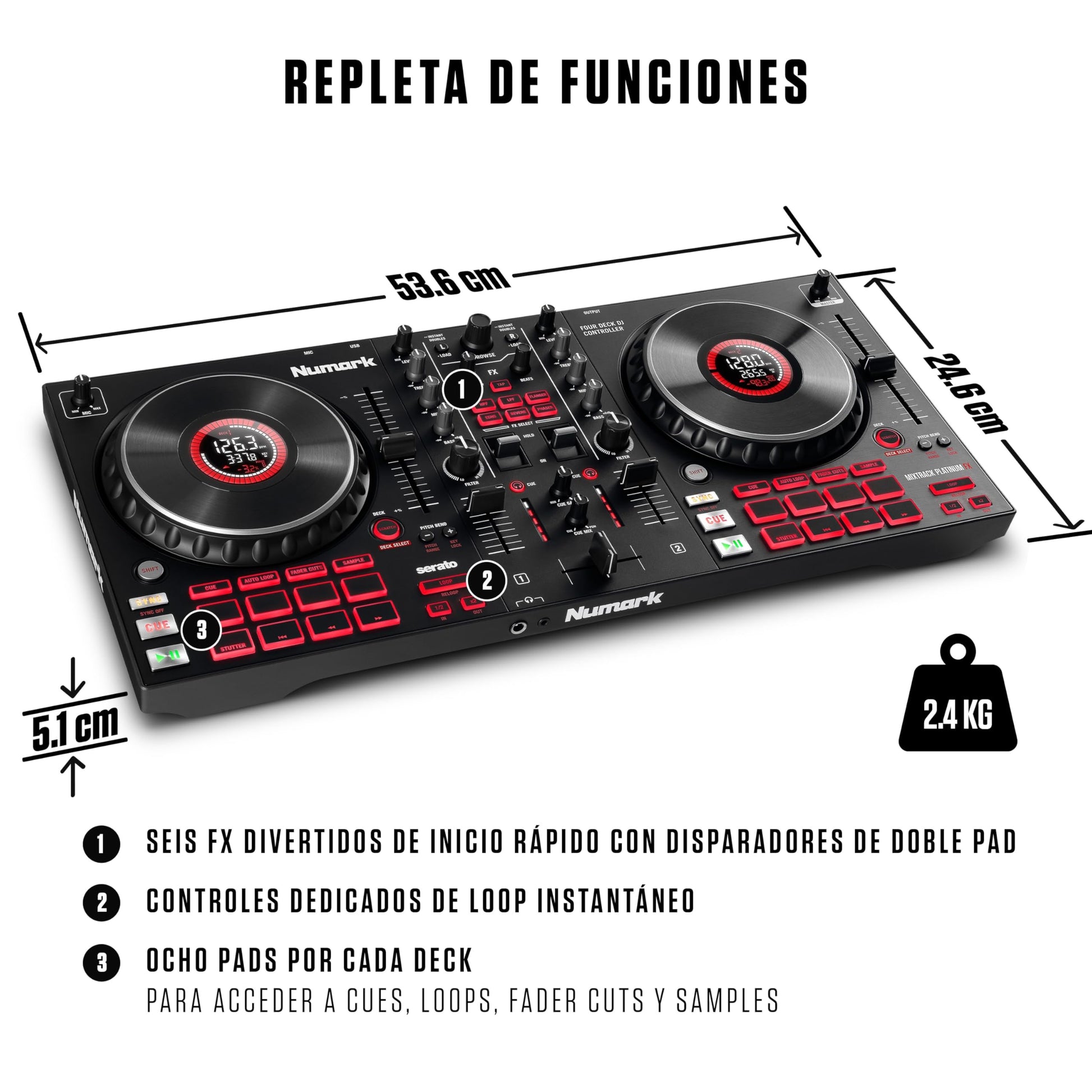 Controlador DJ Numark Mixtrack Platinum FX Plata con Interfaz de Audio y Efectos para Serato
