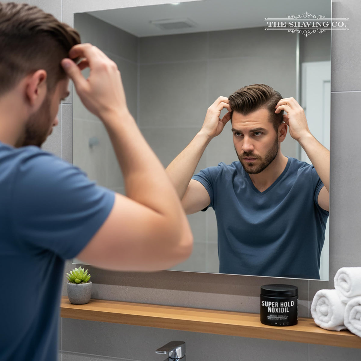 THE SHAVING CO. Pomada para Cabello Super Hold Noxidil - H2 130 gr. Cera para Cabello con Noxidil. Ademas de tener un Pomade Fijacion Alta Brillo Medio. Cuenta con Noxidil que es un auxiliar de crecimiento capilar.
