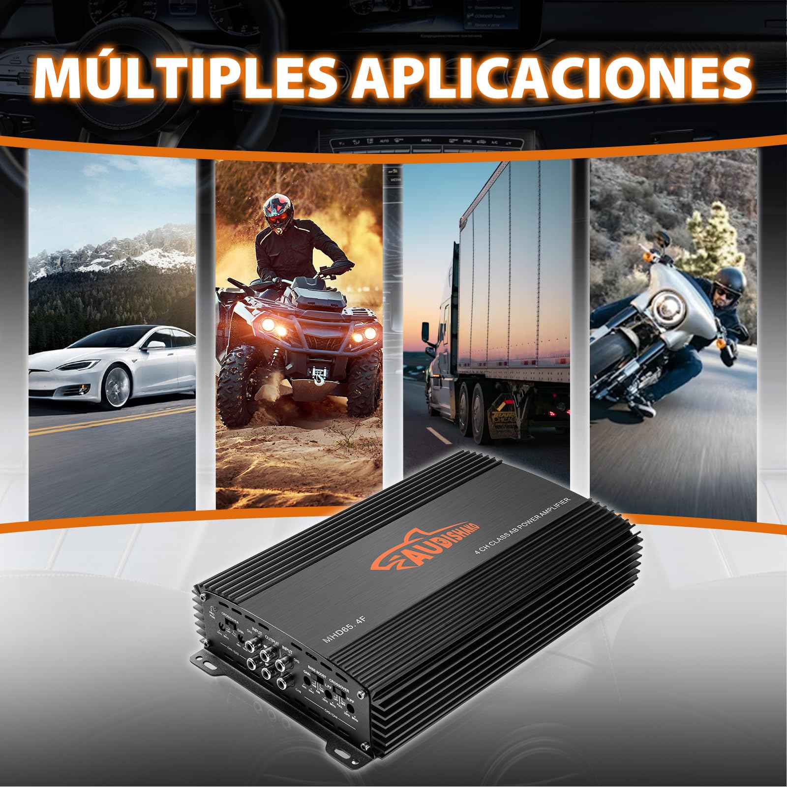 AUDISHAKO 1000W Amplificador de Audio de 4 Canales,Amplificador para Auto de Clase A/B, 2 Ohm 130W x 4 Canales para Motocicletas, Coches Deportivos y Otros Sistemas de Audio para Coche