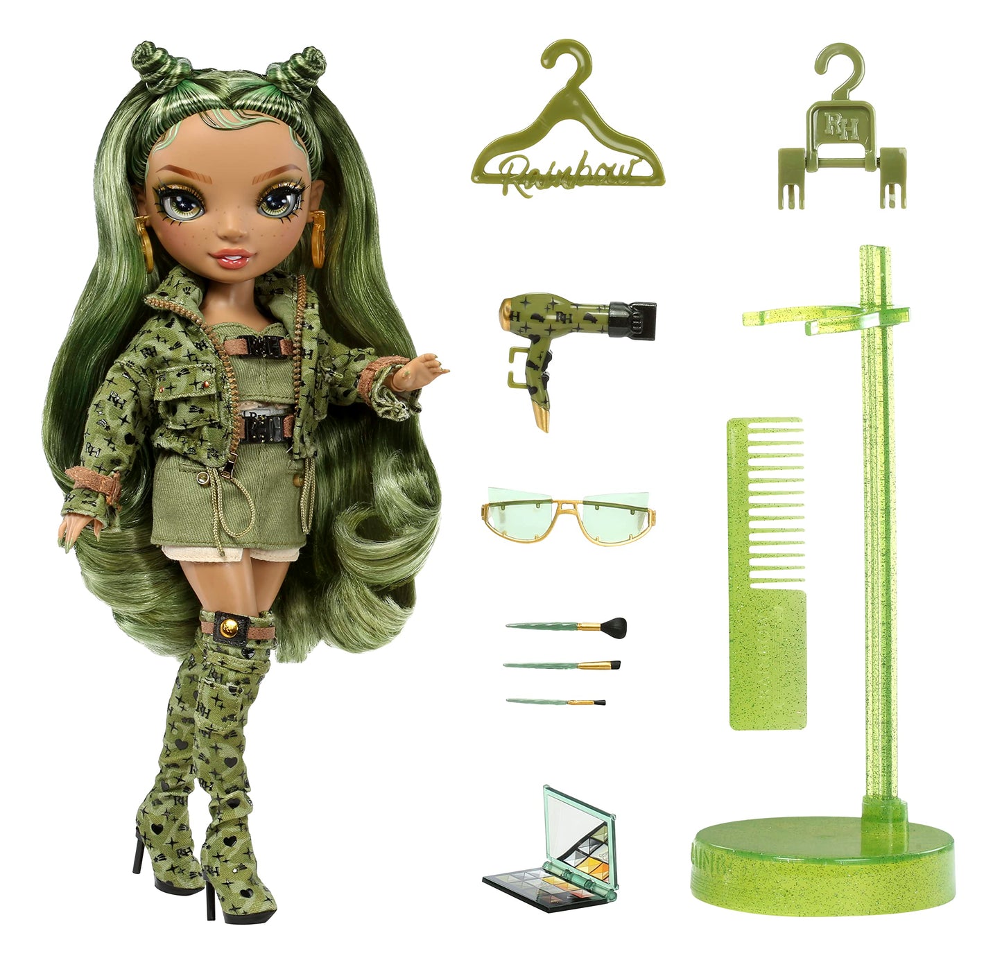 Muñeca Fashion Rainbow High Olivia Woods Verde Camuflaje con Traje de Moda y Más de 10 Accesorios para Coleccionistas y Niños de 4 a 12 Años