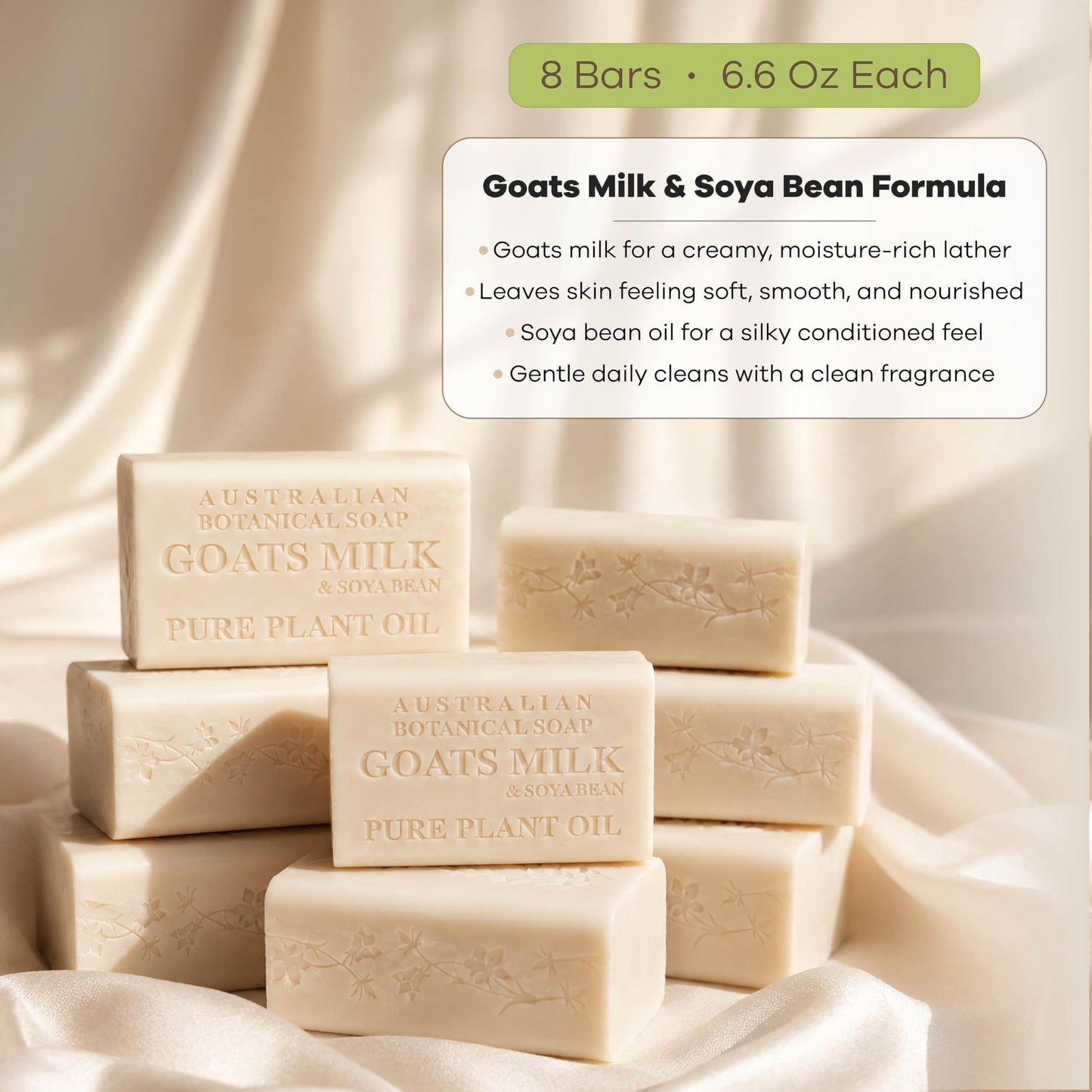 Australian Botanical Soap - Goats Milk with Soya Bean Oil, 7 oz (200g) Bars, Natural Plant Oil Soap - 8 Count