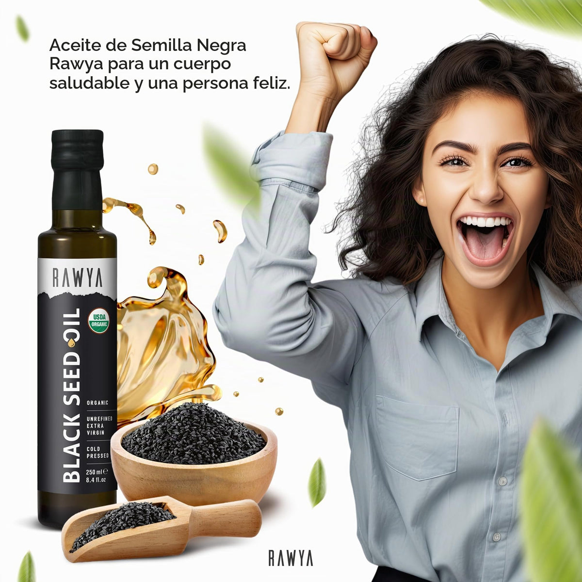 RAWYA Aceite de Comino Negro - Prensado En Frío - Comino Negro Turco - Nigella Sativa Premium Con Timoquinona - Kalonji - Sin Omg Ni Gluten - Suplementos Nutricionales - Sabor Extra Fuerte - 237 Ml