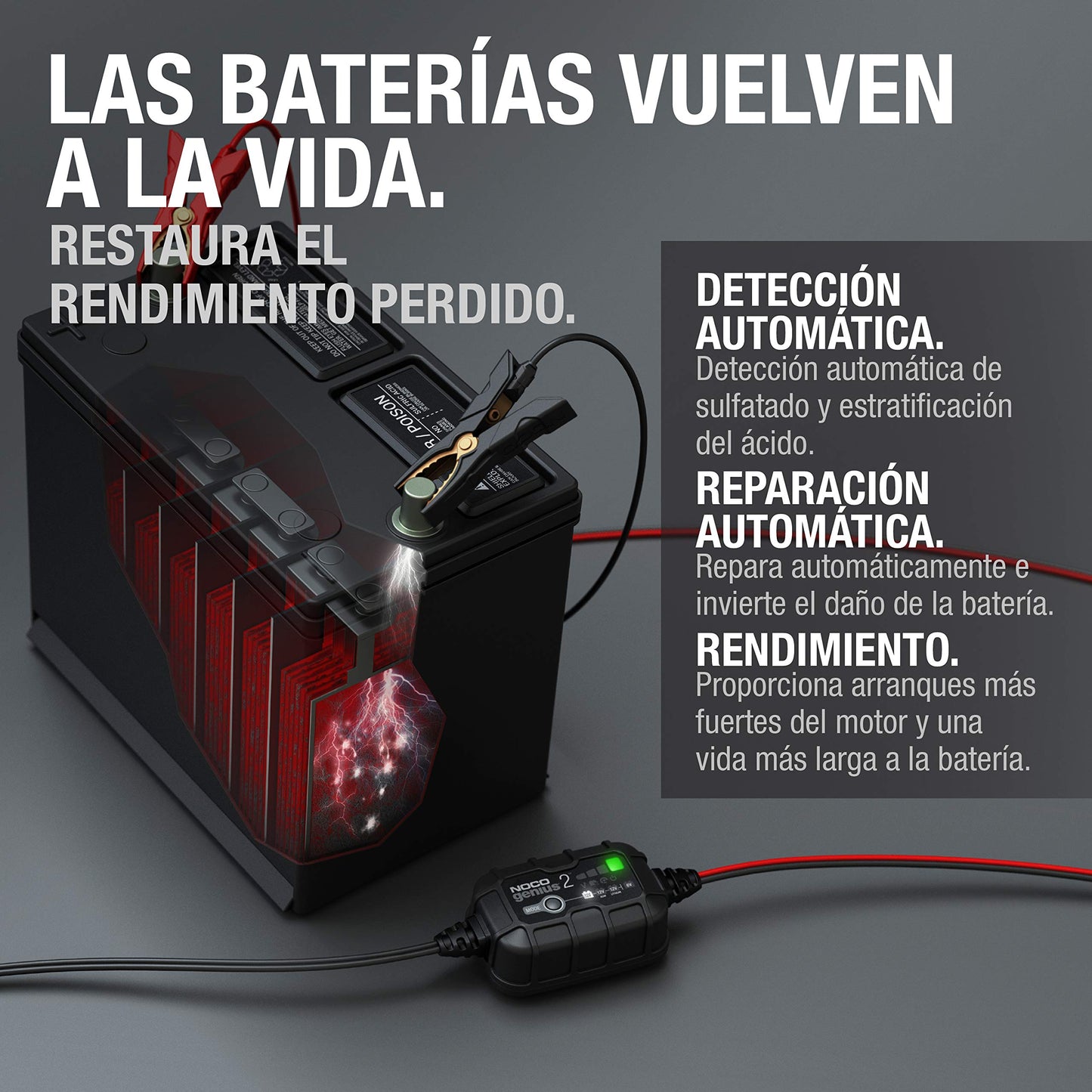 NOCO GENIUS2: Cargador de batería Inteligente 6V/12V 2A – Mantenedor automático, Cargador Lento y desulfatador con protección contra sobrecarga y compensación térmica – para baterías Plomo y Litio