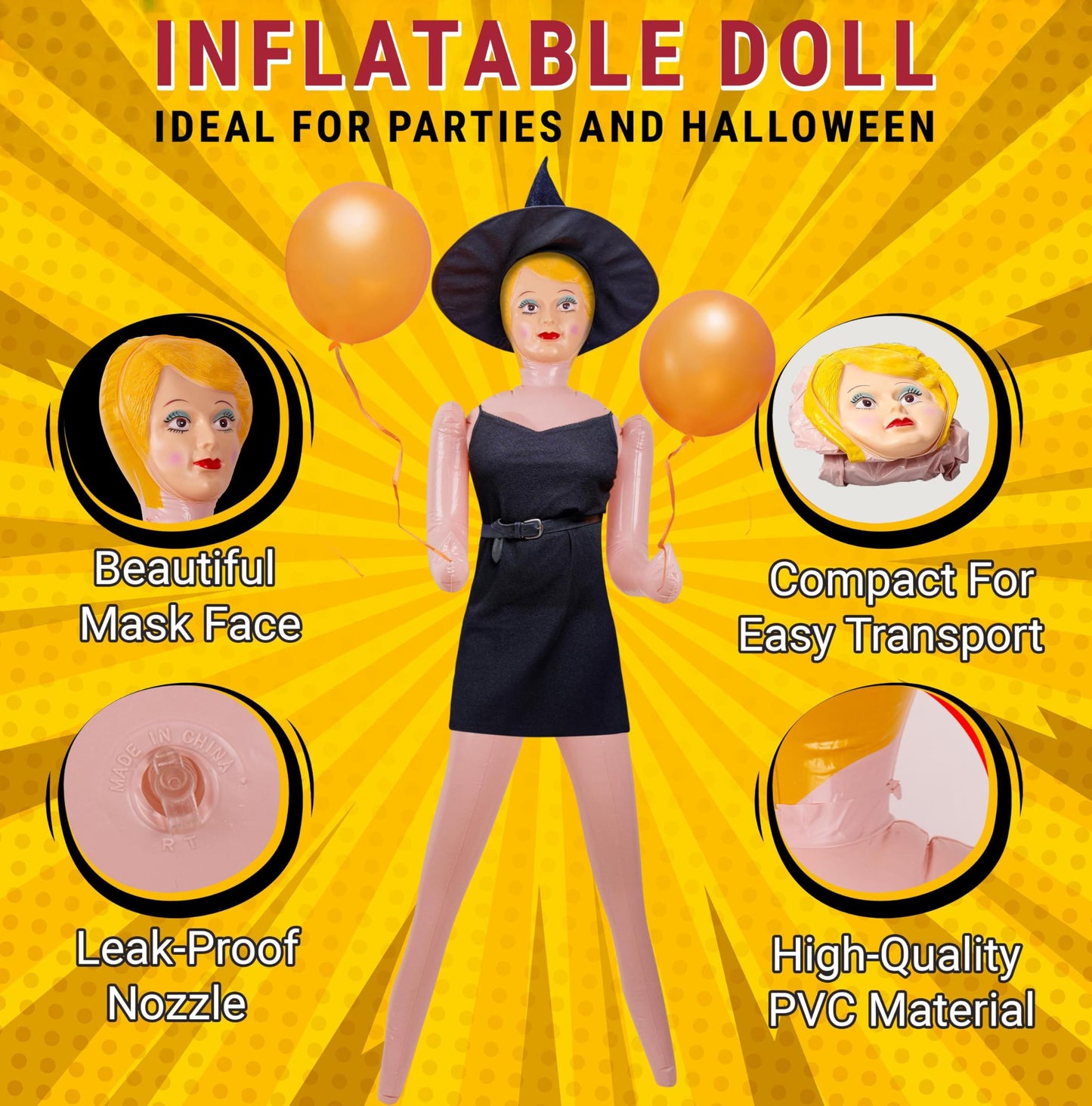 AIR GAG Blow up Doll - Muñeca Inflable - Regalo Divertido para Fiesta de Despedida de Soltero o Soltera, Bromas, Cumpleaños, Fiestas Patrias y Eventos Divertidos (Ropa No Incluida)