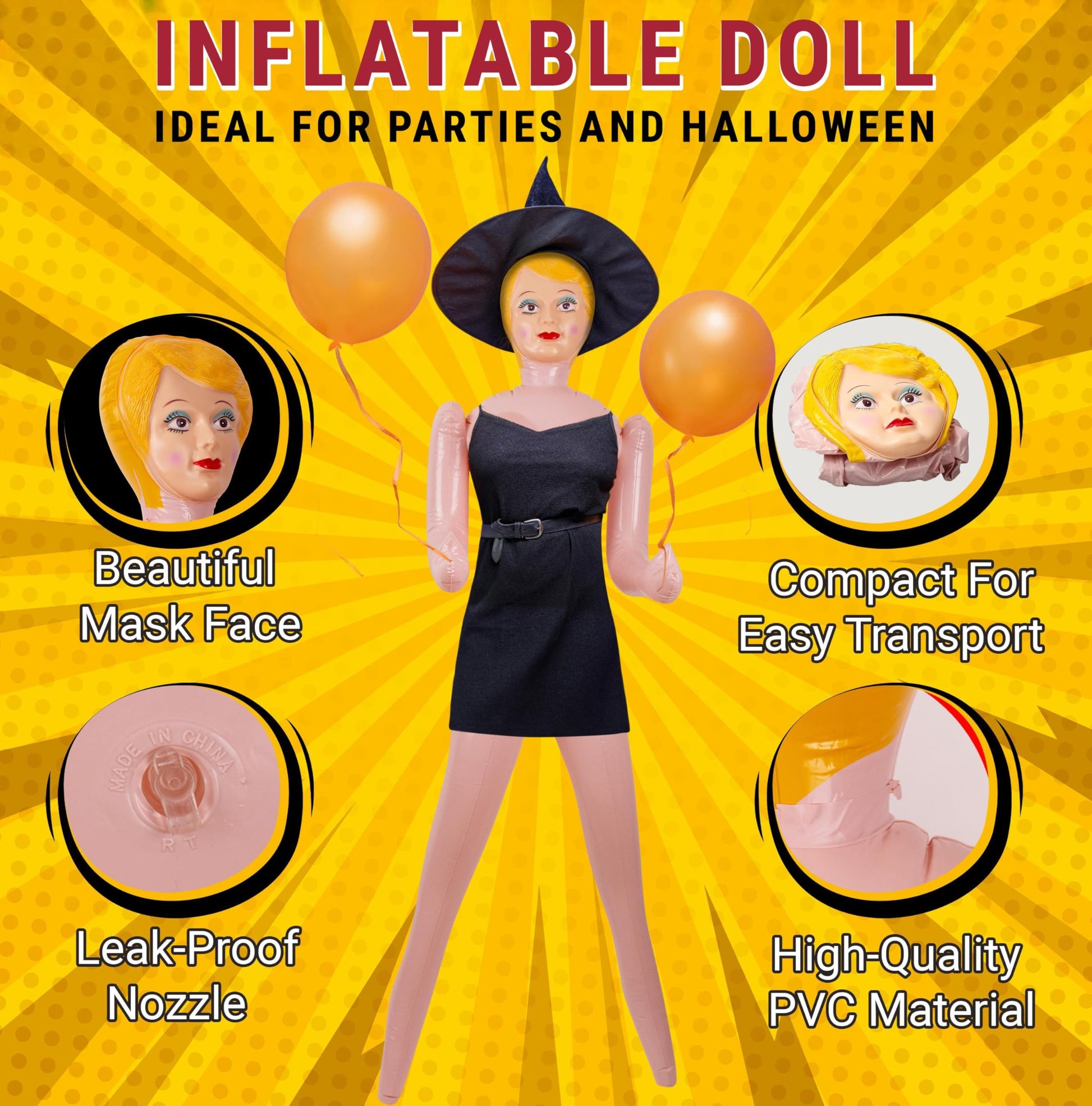 AIR GAG Blow up Doll - Muñeca Inflable - Regalo Divertido para Fiesta de Despedida de Soltero o Soltera, Bromas, Cumpleaños, Fiestas Patrias y Eventos Divertidos (Ropa No Incluida)