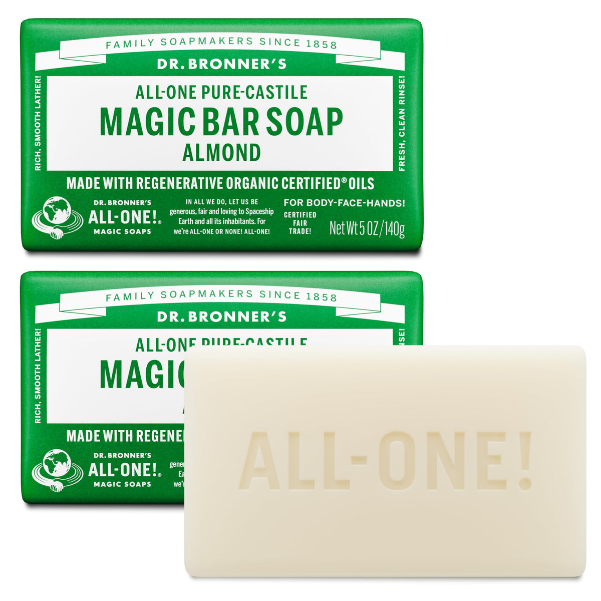 Dr. Bronner's | Jabón de castilla orgánico en barra, fórmula concentrada, elimina células muertas, nutrición suave y piel hidratada, con aceite natural de Almendra, aroma Almendra (2 pack)