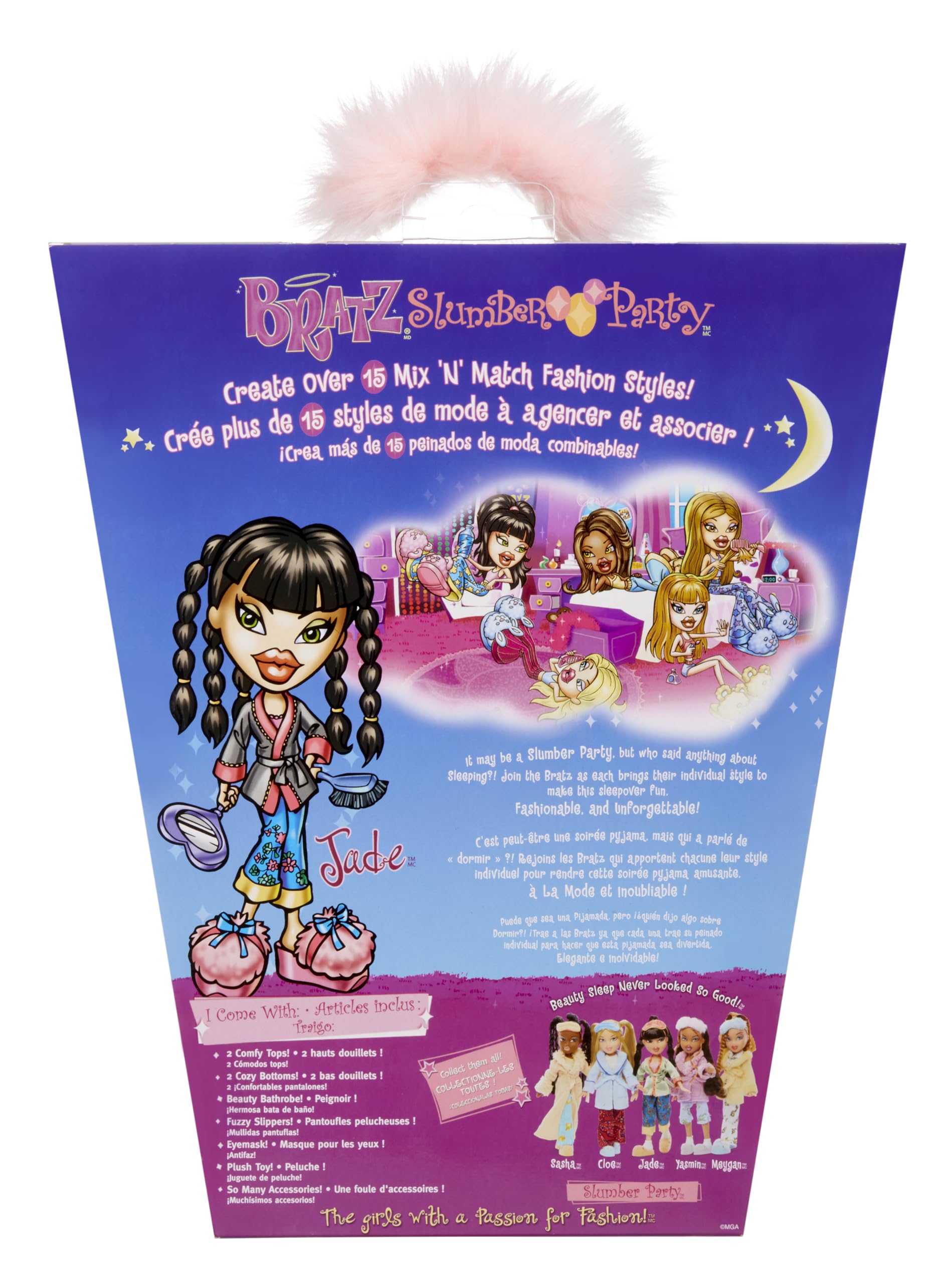Bratz Fiesta de Pijamas - Muñeca de Moda Jade - con 2 Conjuntos de Pijamas, Animal de Peluche y Accesorios - Apta para Niños y Coleccionistas