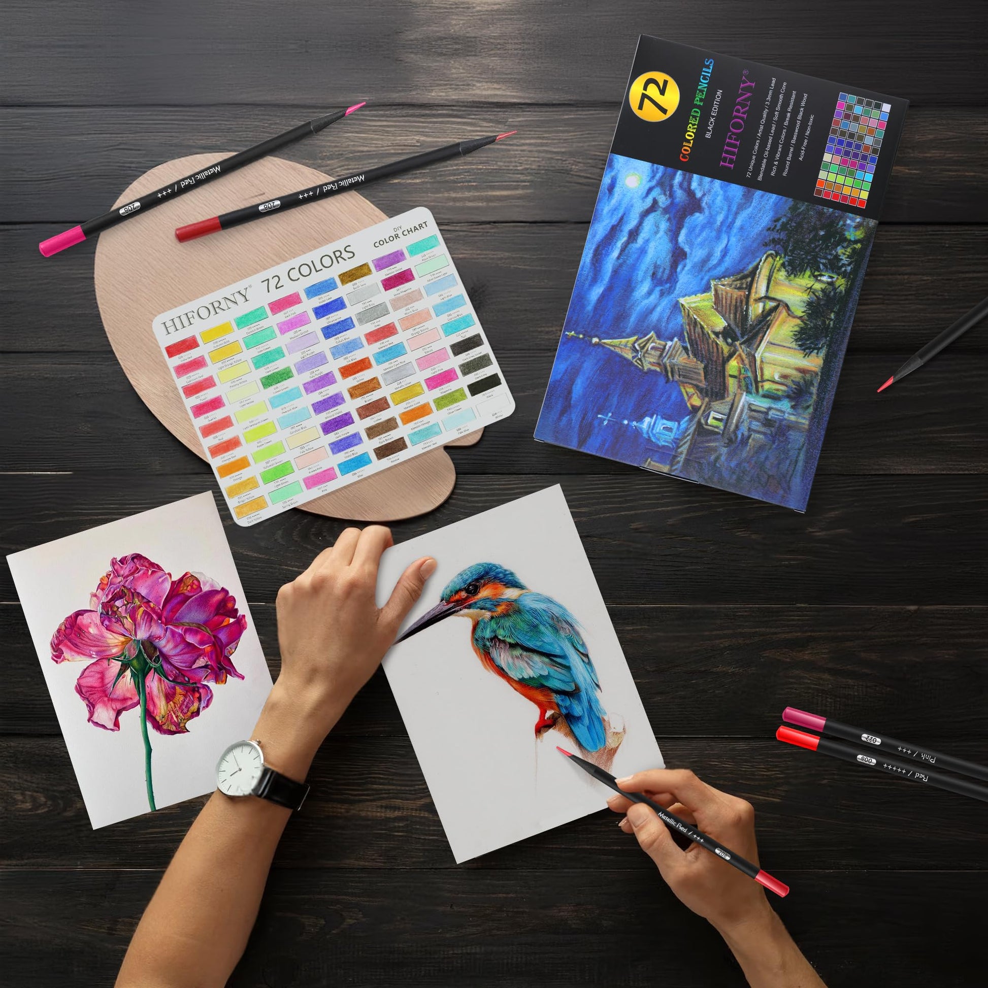 HIFORNY - Lápices de Colores Edición Negra Premium para Colorear Adultos - 72 Lápices de Colores con Pigmentos Suaves, Núcleo Suave para Artistas, Suministros de Arte para Dibujo para Adultos
