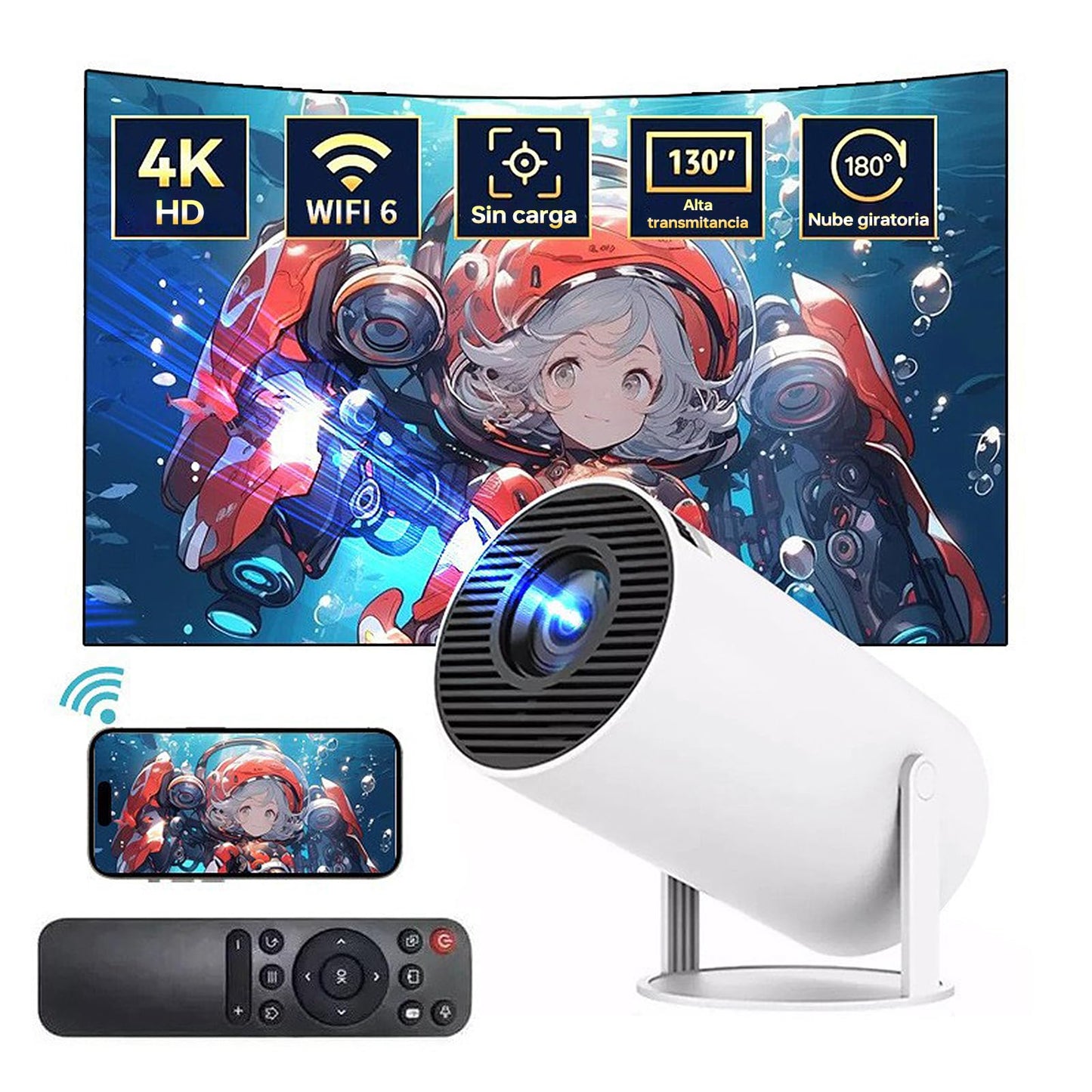 JKMX Proyector Portátil, Proyector 4K Inteligente con Wi-Fi 6 y Bluetooth,180 Grados, Pantalla de Gran Tamaño, Ultra Claro, Smart Projector para Exterior Compatible con iOS/Android/PC