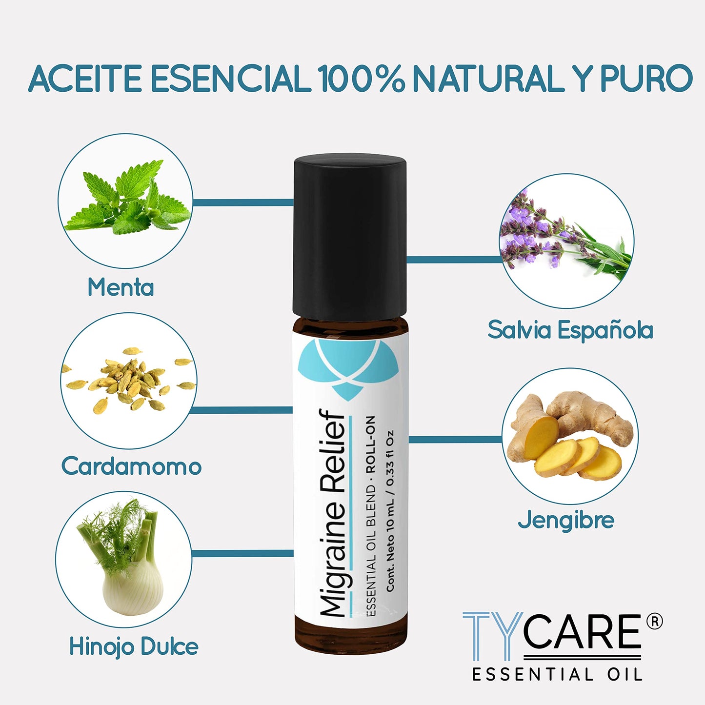 Aceite Esencial Migraine Relief 10 ML Roll On con Aceites 100% Puro Premium Quality para Dolores de Cabeza y Migraña