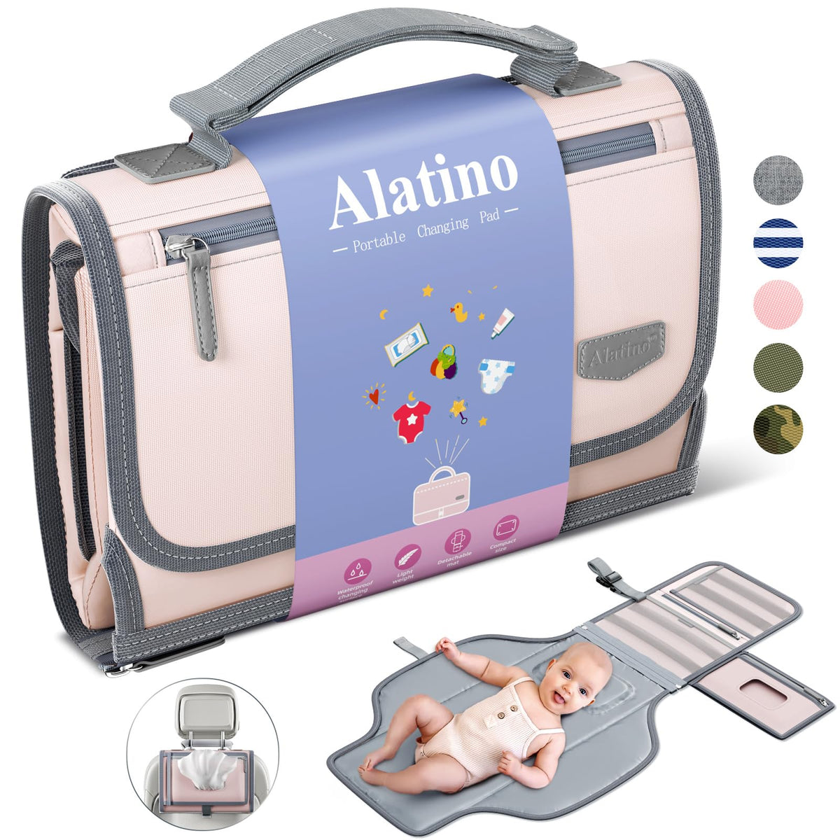Cambiador portátil de pañales con correa para el hombro, cambiador de viaje desmontable con bolsillo para toallitas para bebé, regalos para baby shower, niñas recién nacidas y niños (rosa)