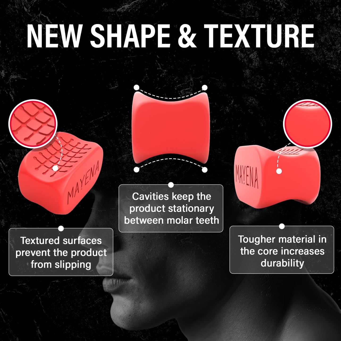 Mayena Sports Ejercitador de mandíbula para hombres y mujeres | 3 niveles de resistencia tabletas de silicona para ejercitar la mandíbula | Modelo mejorado de fuerza central | Potente entrenador de m