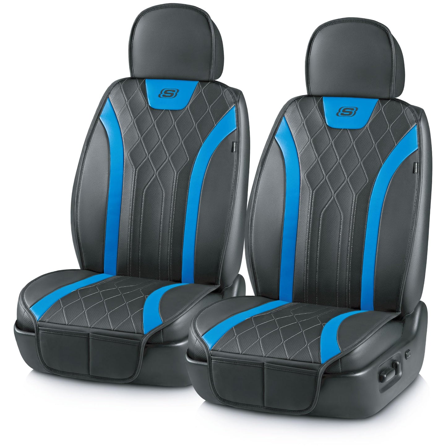 Skechers MAX Cushioning - Fundas de asiento de coche, protectores de asiento delantero de coche de cuero con espuma viscoelástica, fundas impermeables sin laterales compatibles con airbag con bolsillo
