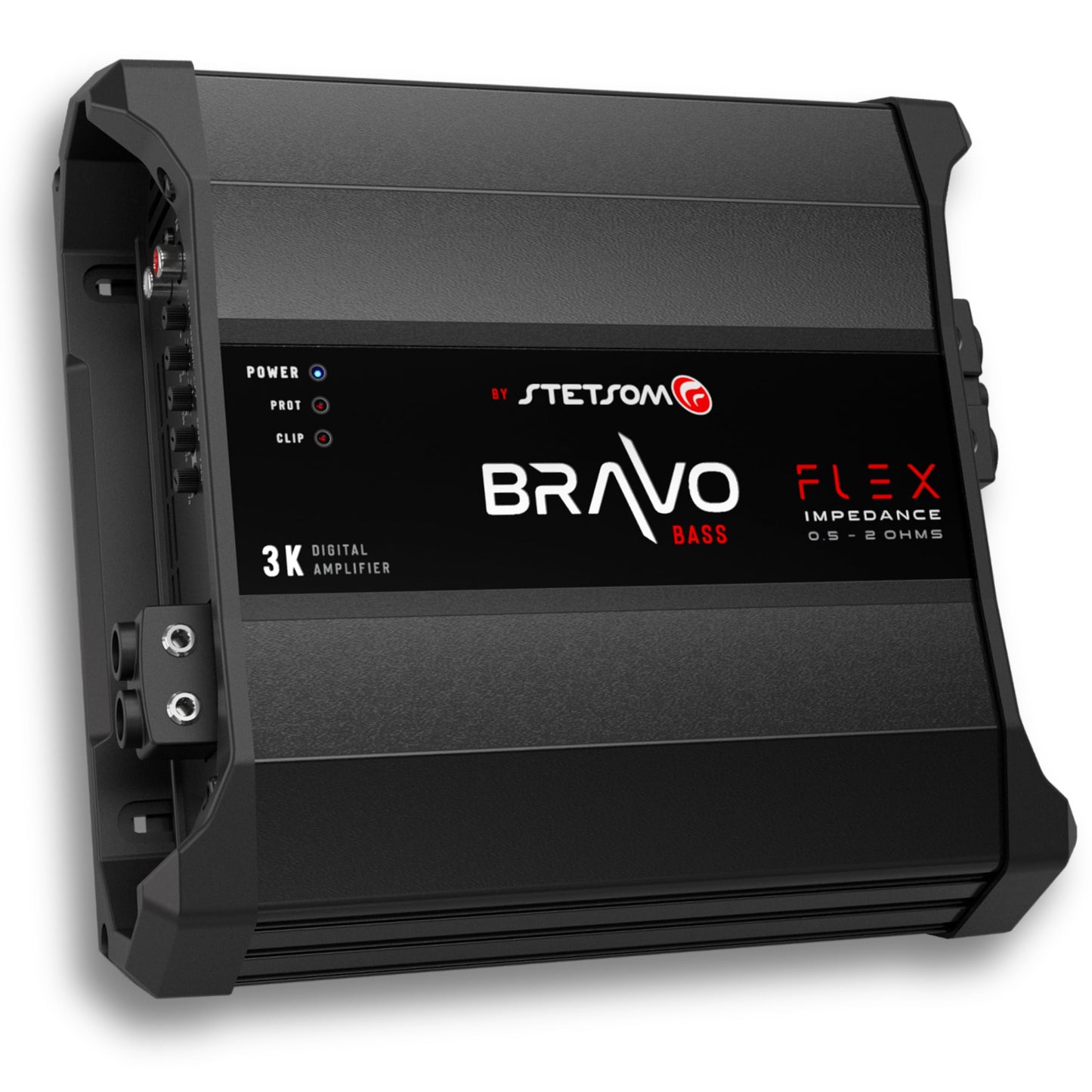 Amplificador de Audio para Coche Stetsom Bravo BASS Flex 3K Negro con Sistema de Impedancia Automática Monobloque 3000 W RMS a Impedancia Variable 0.5 a 2 Ohmios