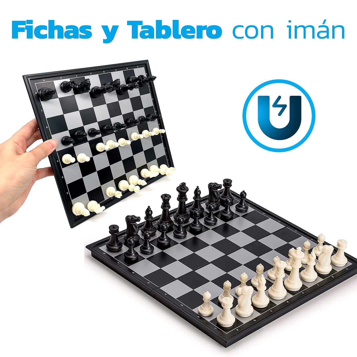Bluelander Ajedrez Profesional, Magnético, (25cm) Diseño Clásico de Lujo, Tablero Plegable, Portátil 25cm x 25cm Abierto (25cm x 12.5cm Cerrado), Juego de Mesa Portátil y Educativo (Blanco y Negro)