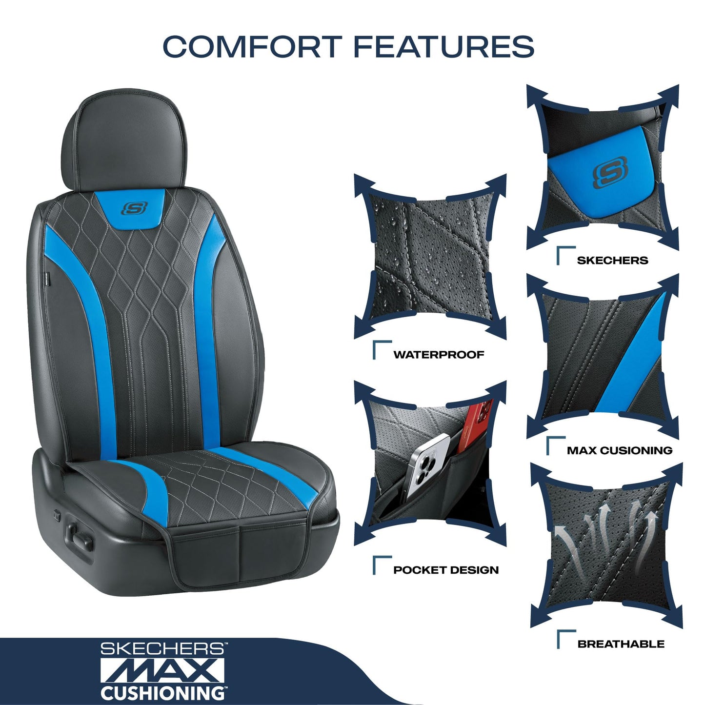 Skechers MAX Cushioning - Fundas de asiento de coche, protectores de asiento delantero de coche de cuero con espuma viscoelástica, fundas impermeables sin laterales compatibles con airbag con bolsillo