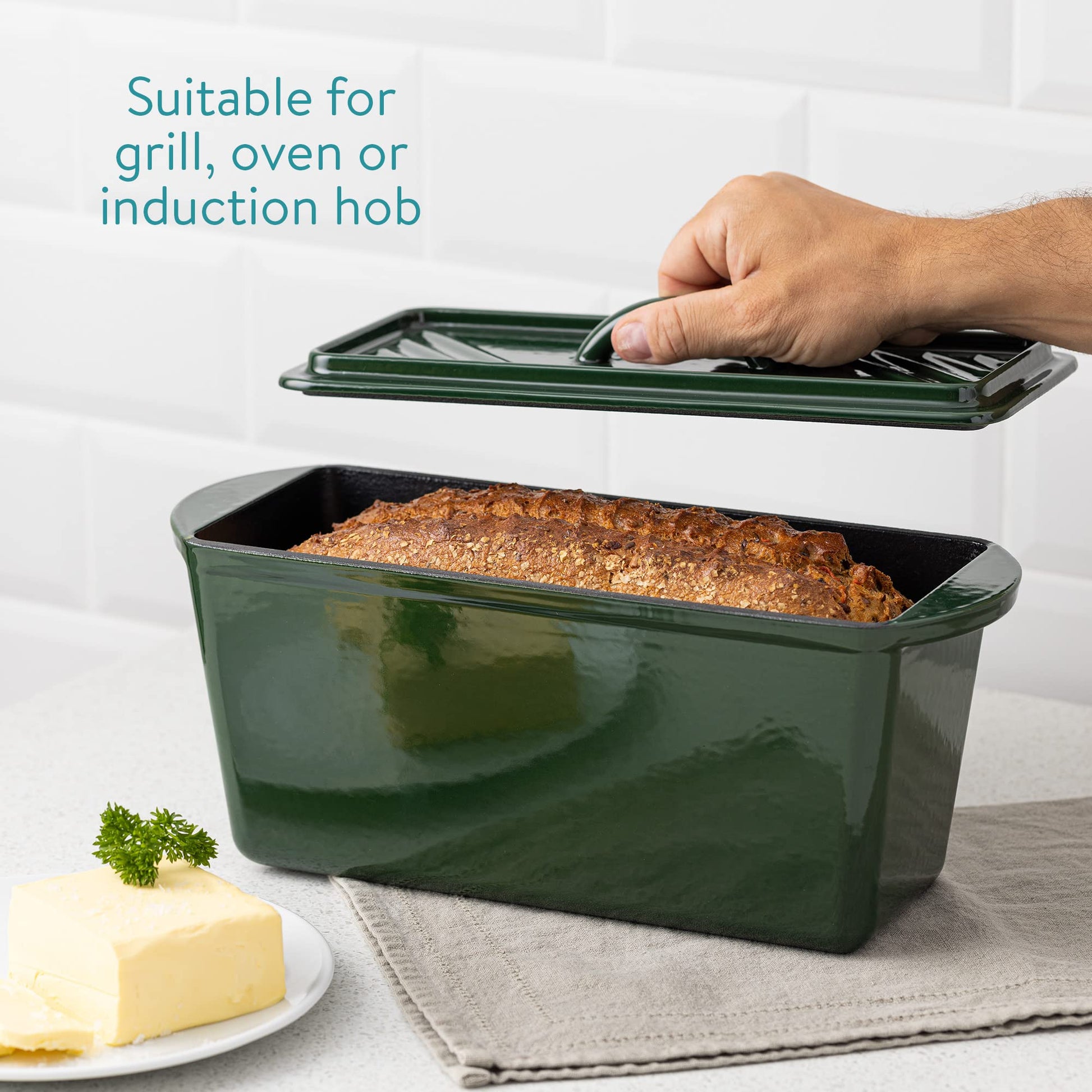 Navaris Olla para Hornear Pan - Cacerola Rectangular 34 x 13 x 13 cm de Hierro Fundido para Horno Bbq Vitrocerámica Inducción - Cazuela con Tapa - Verde
