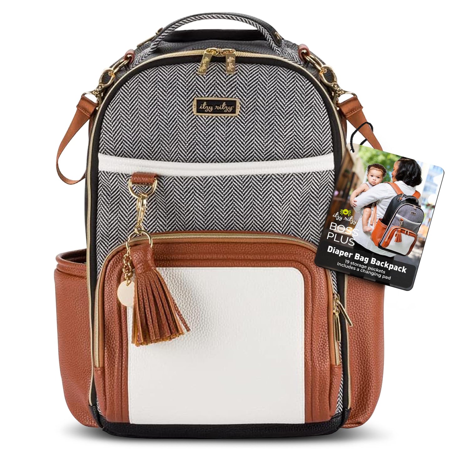 Itzy Ritzy - Mochila para pañales de gran capacidad Boss Plus para bebé con 19 bolsillos, cambiador, clips para cochecito y cómodas correas para mochila, café y crema