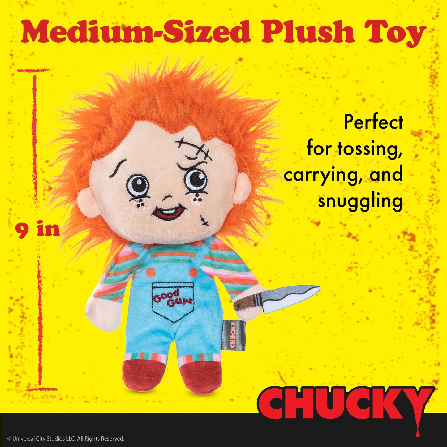CHUCKY - Juguete de peluche de 9 pulgadas para perros con cuerpo plano | Juguete chirriante para perros de tamaño mediano, juguete masticable para perros con chirriador | Juguetes de película de