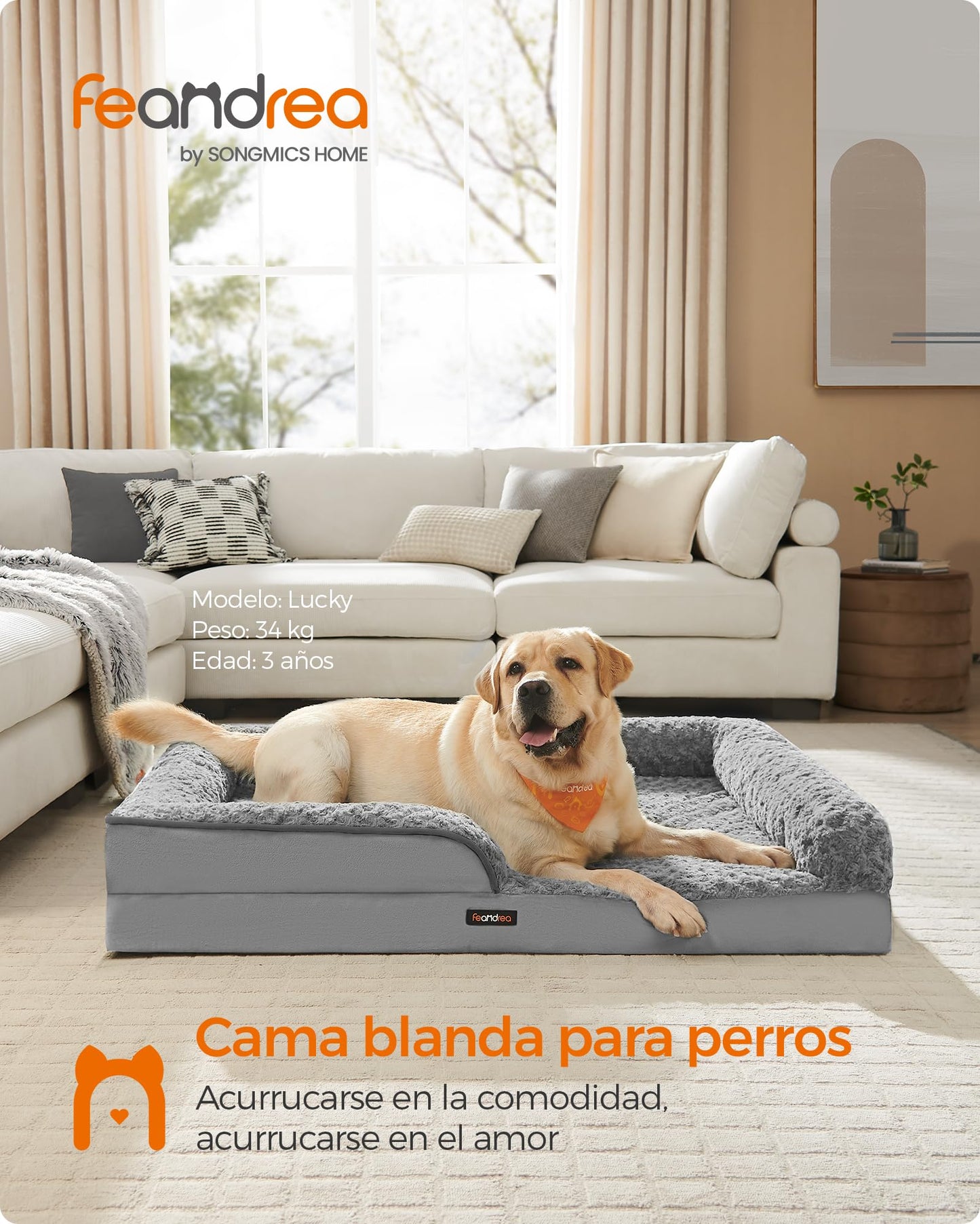 Cama Ortopédica para Perros Feandrea Rosa con Espuma Corrugada y Bordes Acolchados Gris Paloma