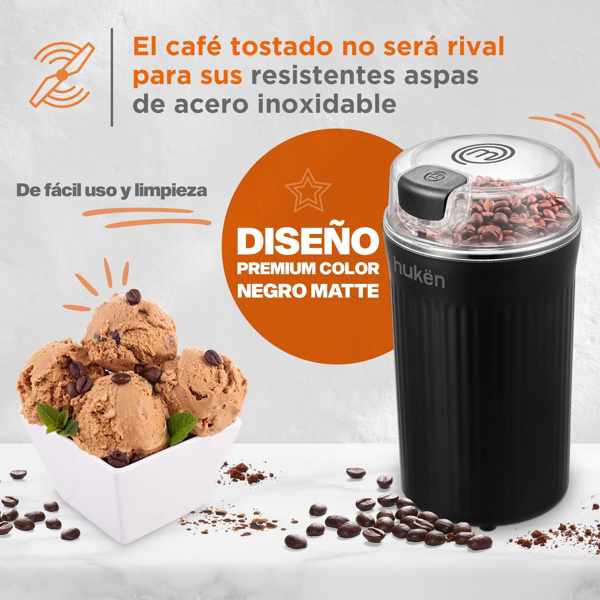 Hukën x MasterChef | Molino Eléctrico de Café y Especias | Negro Matte | Molido Preciso | Aspas de Acero Inoxidable | Capacidad 60 g | Potencia Duradera