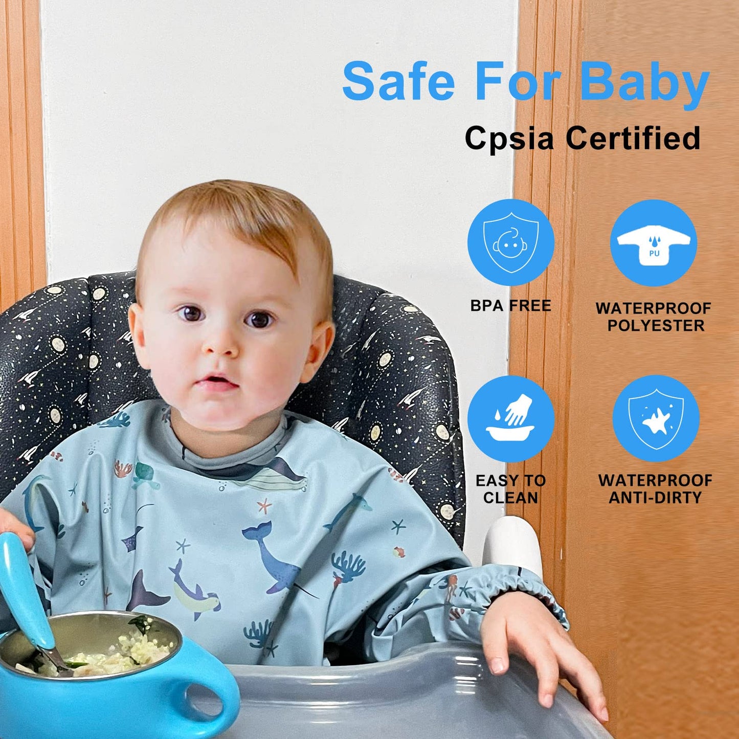 HALAA VAUVA Baberos de manga larga para bebés, impermeables, a prueba de desorden, overol, bata de bebé fácil de limpiar con bolsillo para recoger alimentos para alimentar, comer, lavable, camisa de destete para niños y niñas