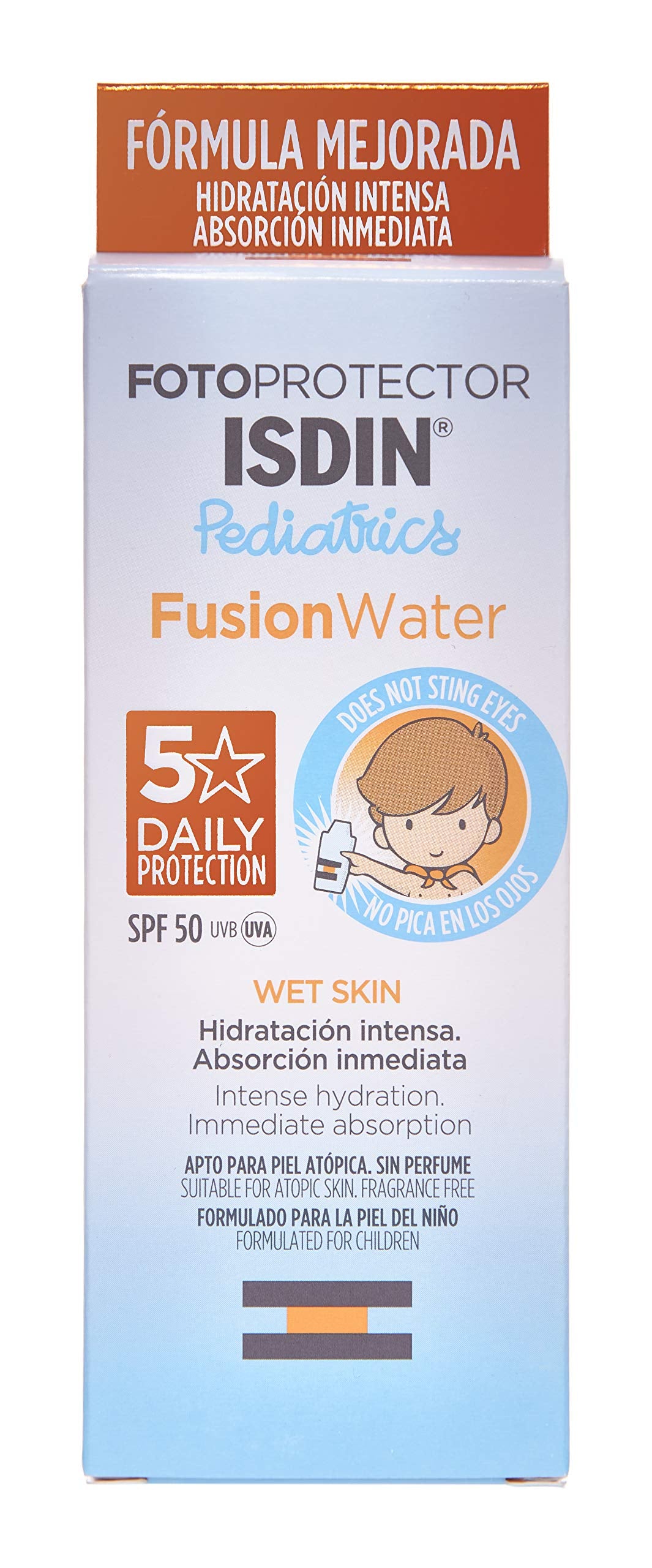 ISDIN fotoprotector fusion water pediatrics spf 50, protector solar facial para ninos, textura ultraligera, no irrita los ojos, 50ml