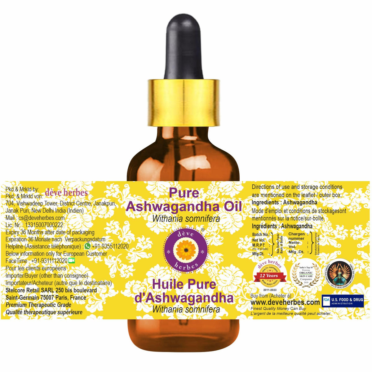 Deve Herbes Aceite de Ashwagandha puro con cuentagotas de vidrio 100% natural grado terapéutico, 100 ml
