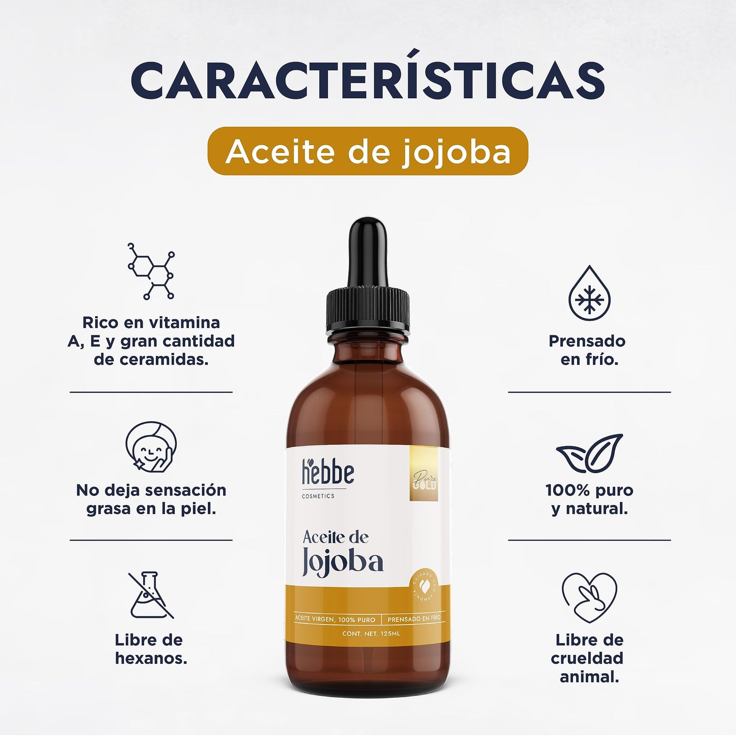 HEBBE - ACEITE DE JOJOBA VIRGEN PURO ORGÁNICO | TRATAMIENTO HIDRATANTE Y TRATA ESTRÍAS | CONTENIDO 125 ML
