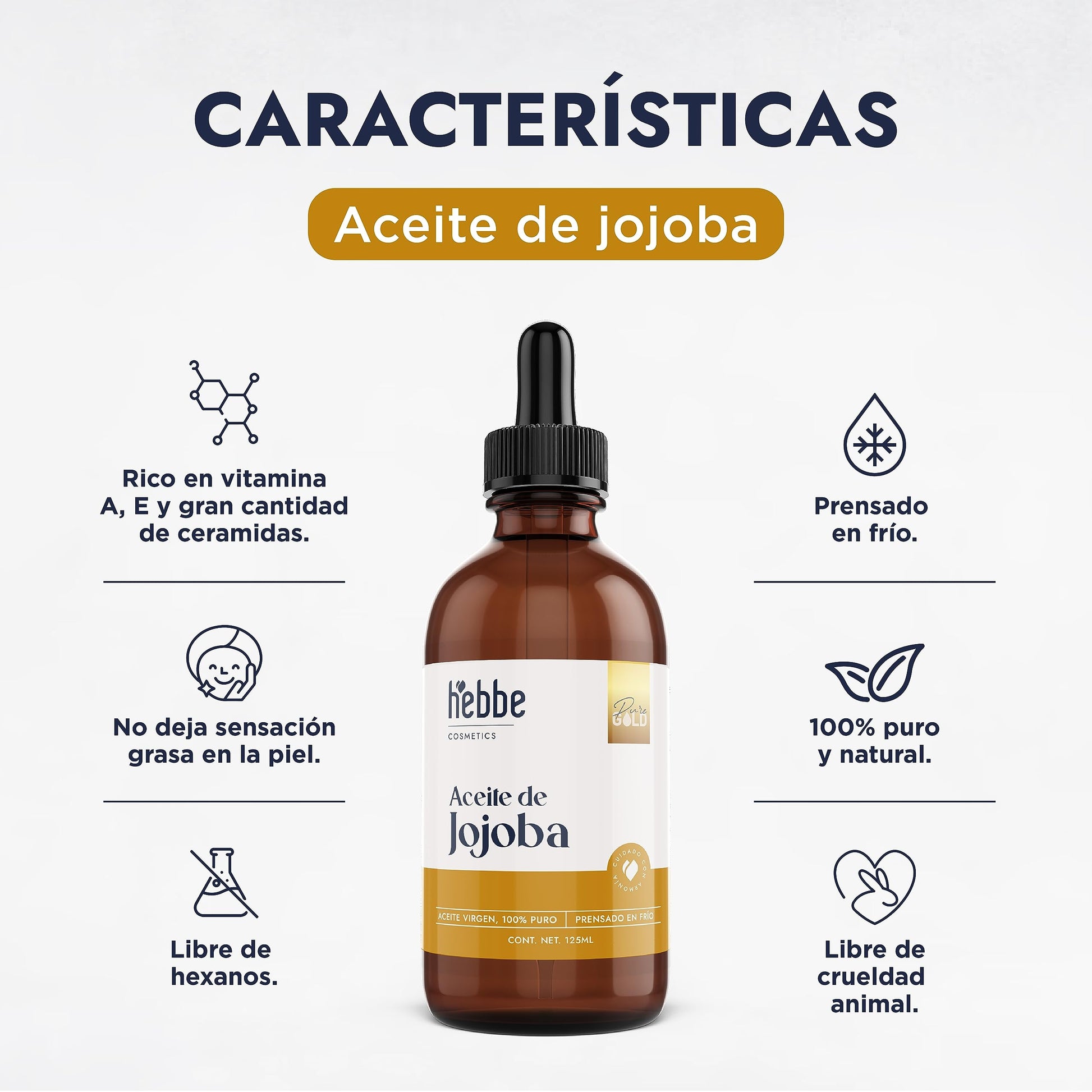 HEBBE - ACEITE DE JOJOBA VIRGEN PURO ORGÁNICO | TRATAMIENTO HIDRATANTE Y TRATA ESTRÍAS | CONTENIDO 125 ML