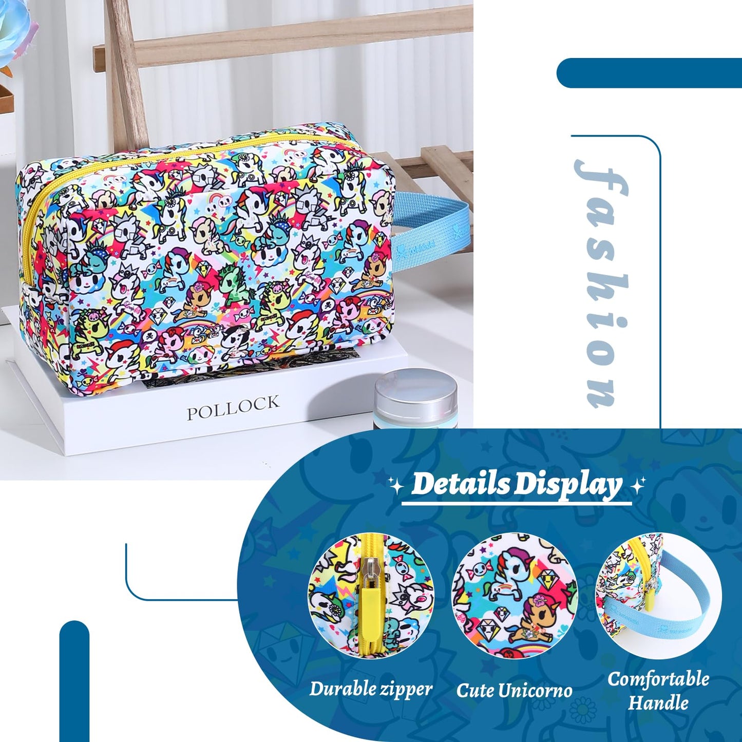 Tokidoki Unicorno Bolsa de maquillaje de viaje para mujer, bonita bolsa de cosméticos de gran capacidad, bolsa de artículos de cambiador portátil de dibujos animados para viajes, trabajo, oficina
