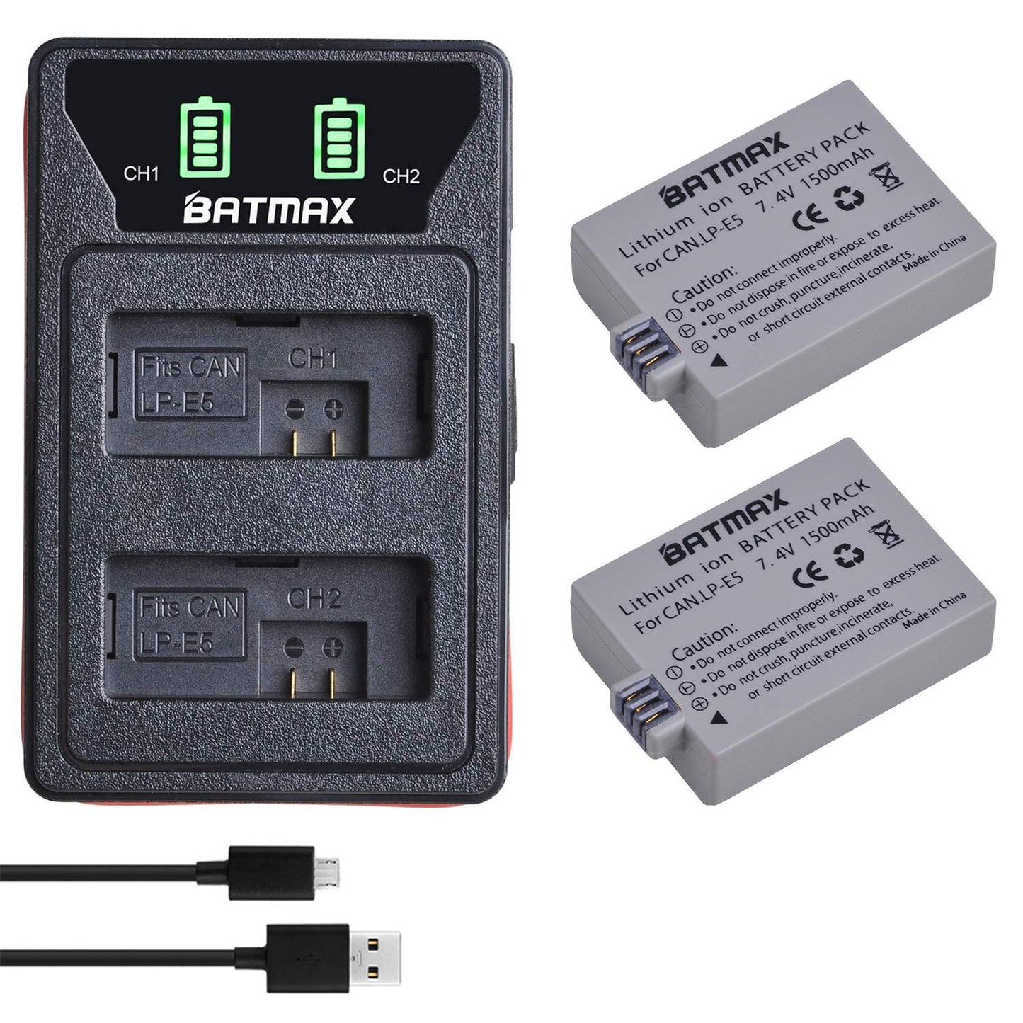 Batmax - Paquete de 2 baterías LP-E5 + LED Dual Bulit-in cargador USB con puerto tipo C para Canon EOS Rebel XS, Rebel Xsi, Rebel T1i, 1000D, 500D, 450D, Kiss F, Kiss X2, Kiss X3