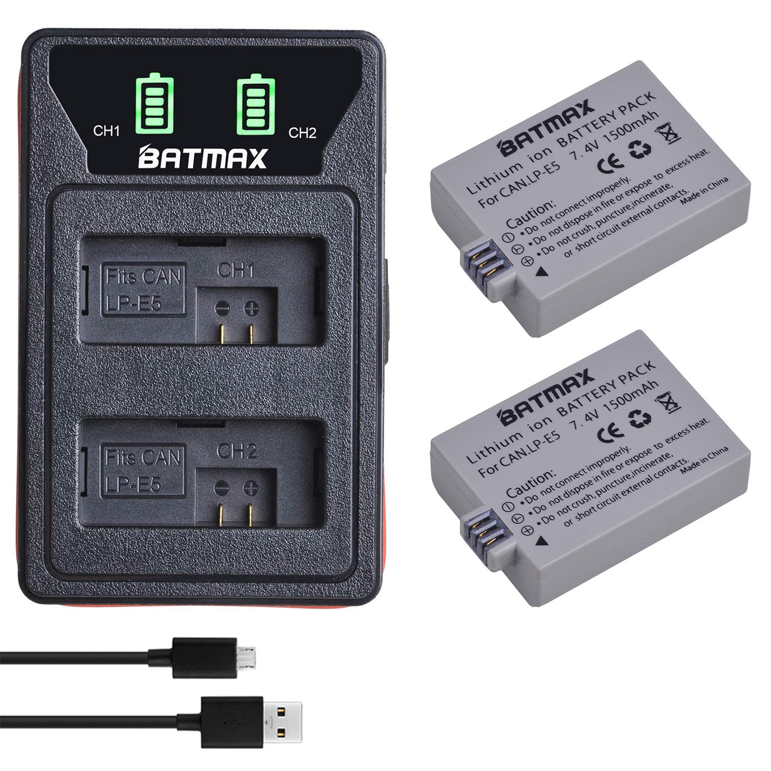 Batmax - Paquete de 2 baterías LP-E5 + LED Dual Bulit-in cargador USB con puerto tipo C para Canon EOS Rebel XS, Rebel Xsi, Rebel T1i, 1000D, 500D, 450D, Kiss F, Kiss X2, Kiss X3