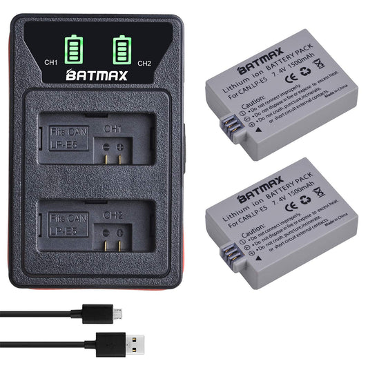 Batmax - Paquete de 2 baterías LP-E5 + LED Dual Bulit-in cargador USB con puerto tipo C para Canon EOS Rebel XS, Rebel Xsi, Rebel T1i, 1000D, 500D, 450D, Kiss F, Kiss X2, Kiss X3