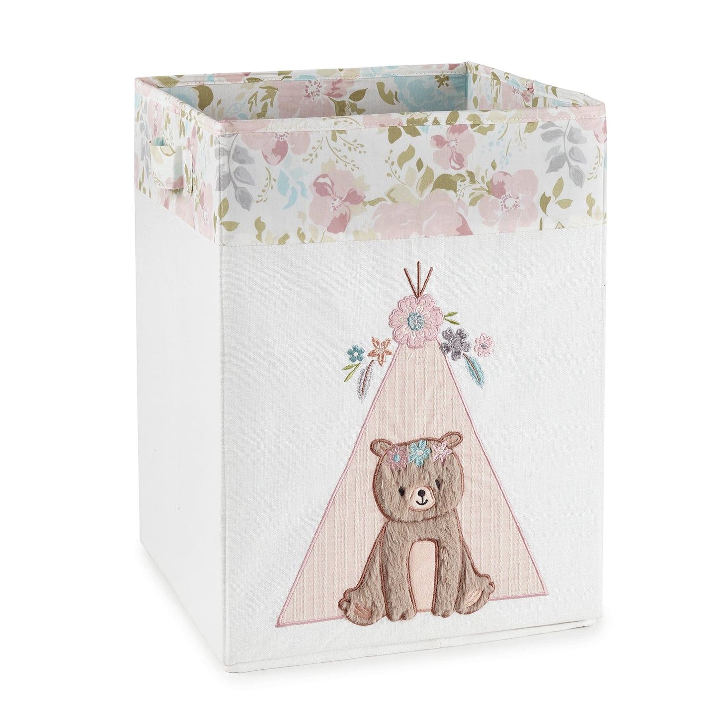 Levtex Baby - Cesta de guardería Malia - Oso aplicado y bordado - lona crema con flores rosas - Accesorios de guardería - Tamaño: 20 x 20 x 18 pulgadas.