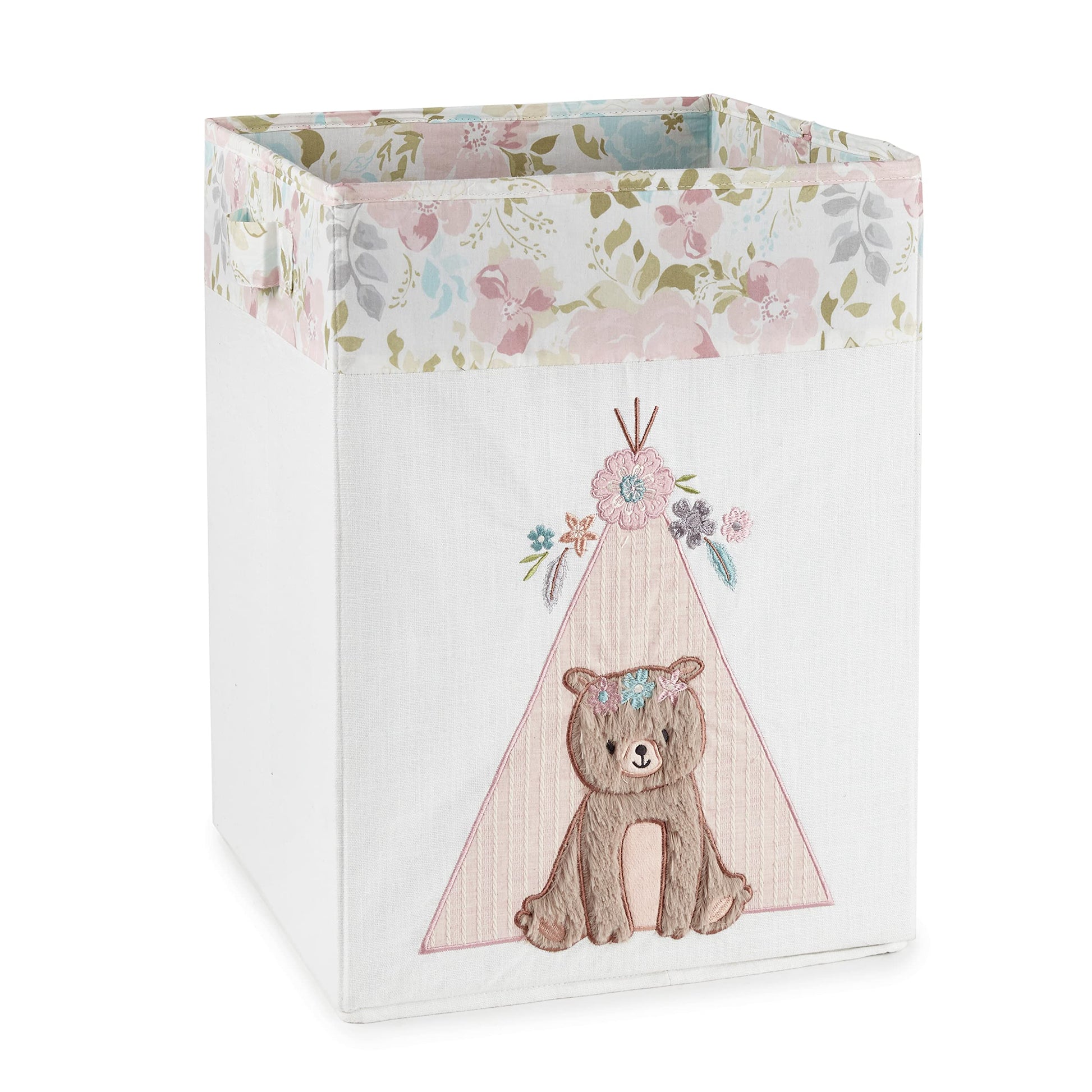 Levtex Baby - Cesta de guardería Malia - Oso aplicado y bordado - lona crema con flores rosas - Accesorios de guardería - Tamaño: 20 x 20 x 18 pulgadas.