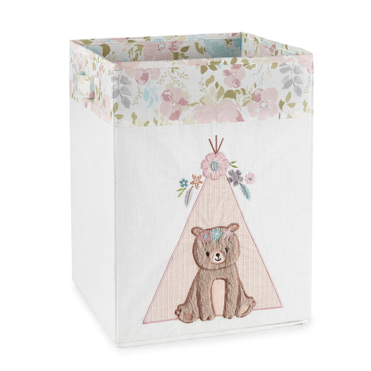 Levtex Baby - Cesta de guardería Malia - Oso aplicado y bordado - lona crema con flores rosas - Accesorios de guardería - Tamaño: 20 x 20 x 18 pulgadas.