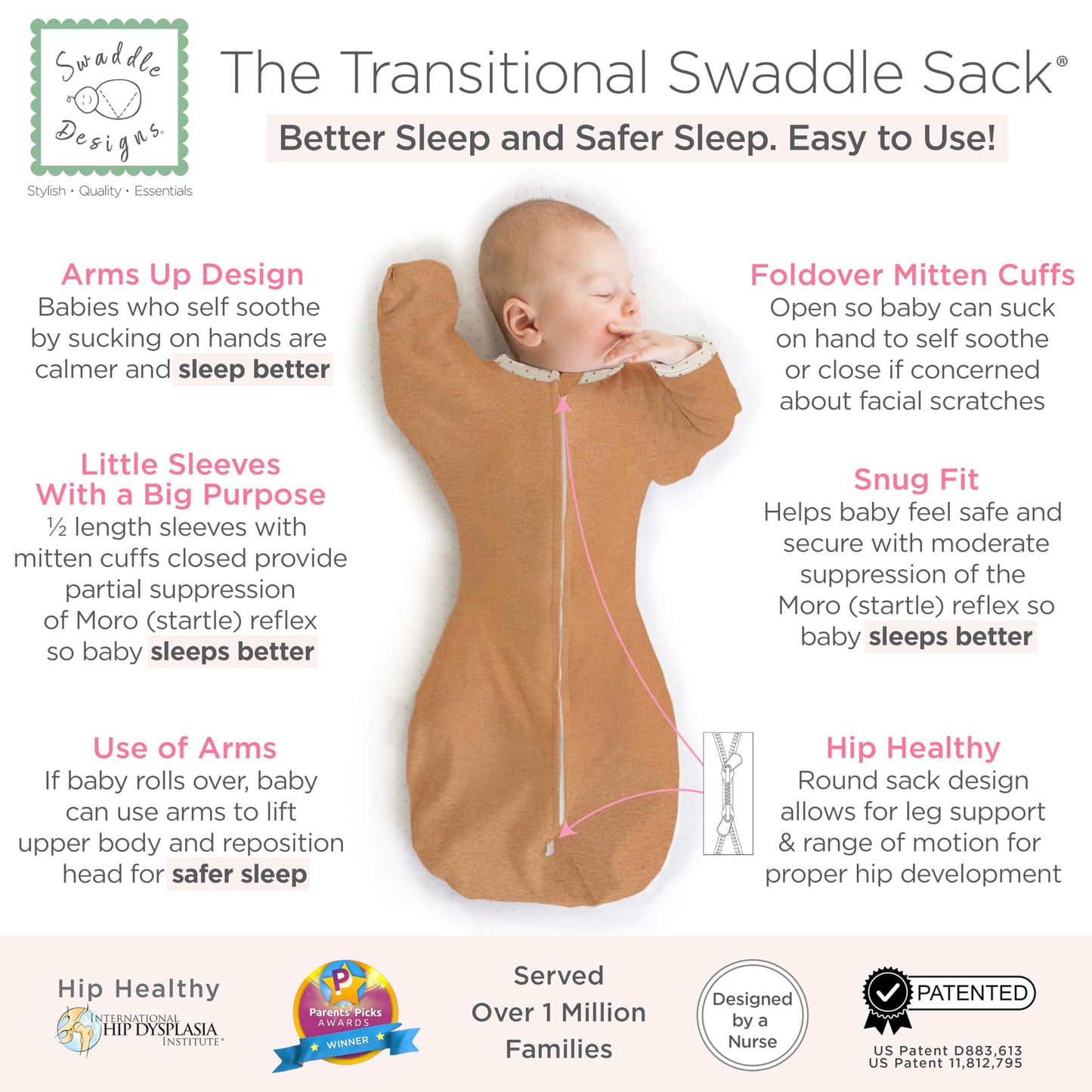 SwaddleDesigns - Saco de envolver transicional, mangas de media longitud y puños de manopla, para la transición del recién nacido al saco de dormir del bebé, manta portátil, medida, 3-6 meses, 14-20