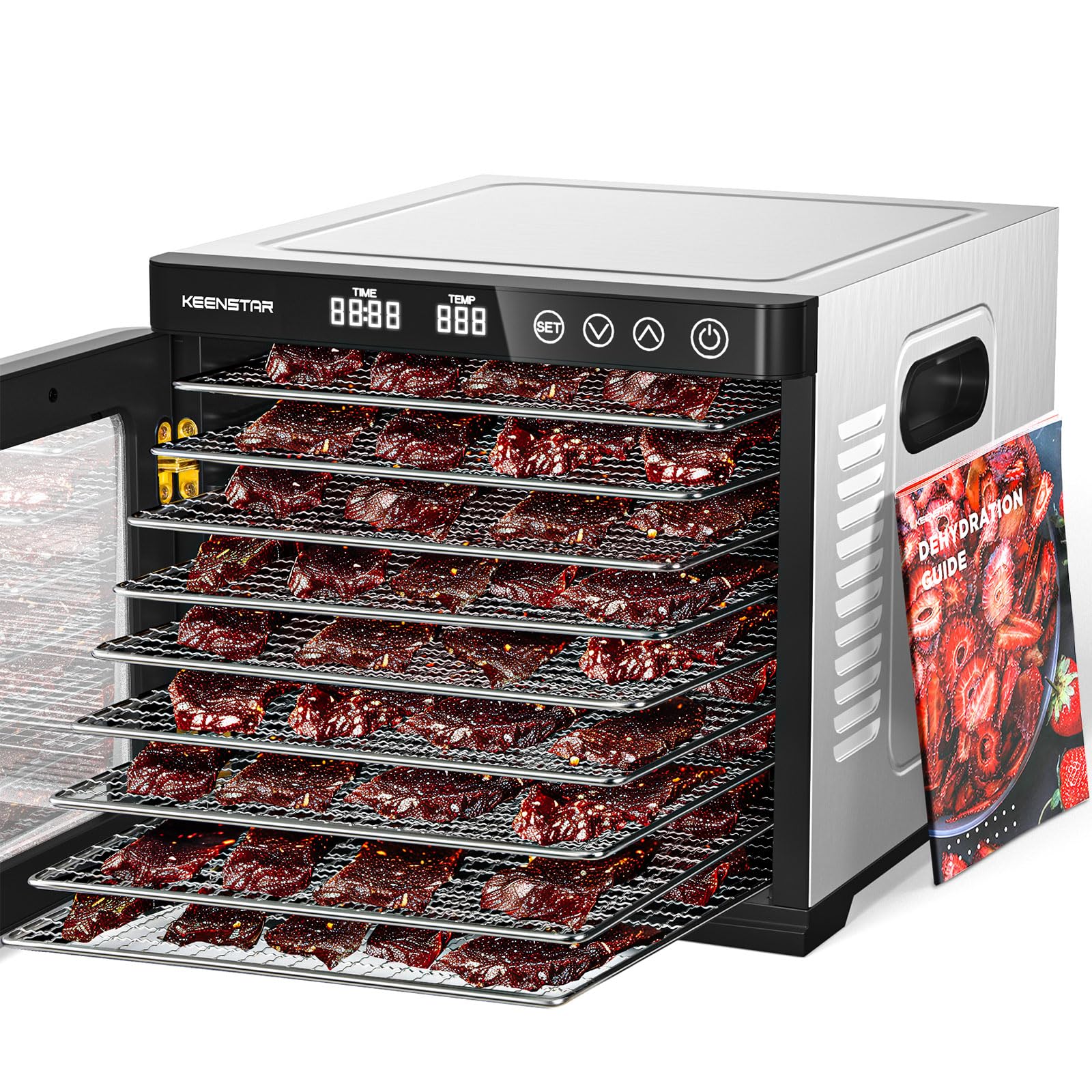 Deshidratador de alimentos para Jerky 1000 W, 9 bandejas de acero inoxidable, control de temperatura de 160 °F, espacio de secado de 8.7 pies cuadrados, temporizador de 48 horas, máquina secadora para